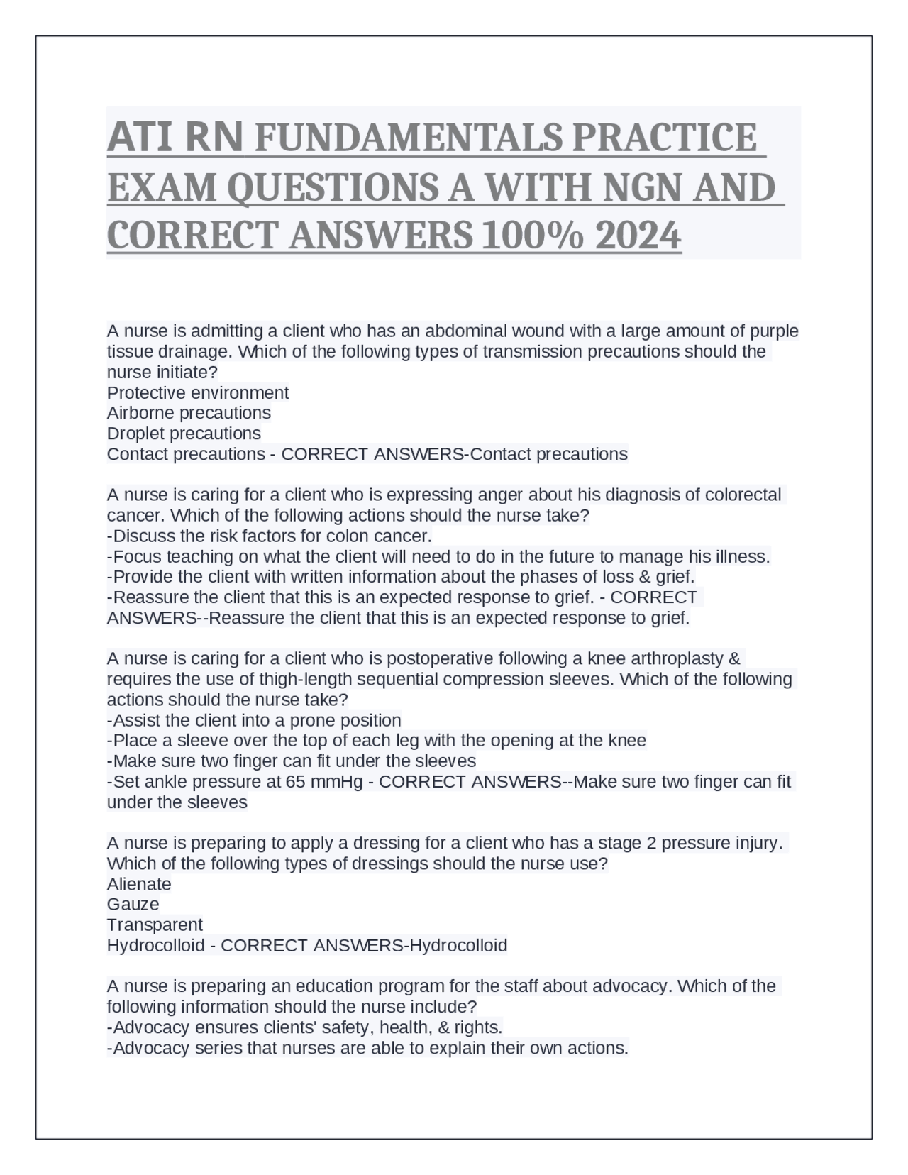 ATI RN FUNDAMENTALS PRACTICE EXAM QUESTIONS A WITH NGN AND CORRECT ...