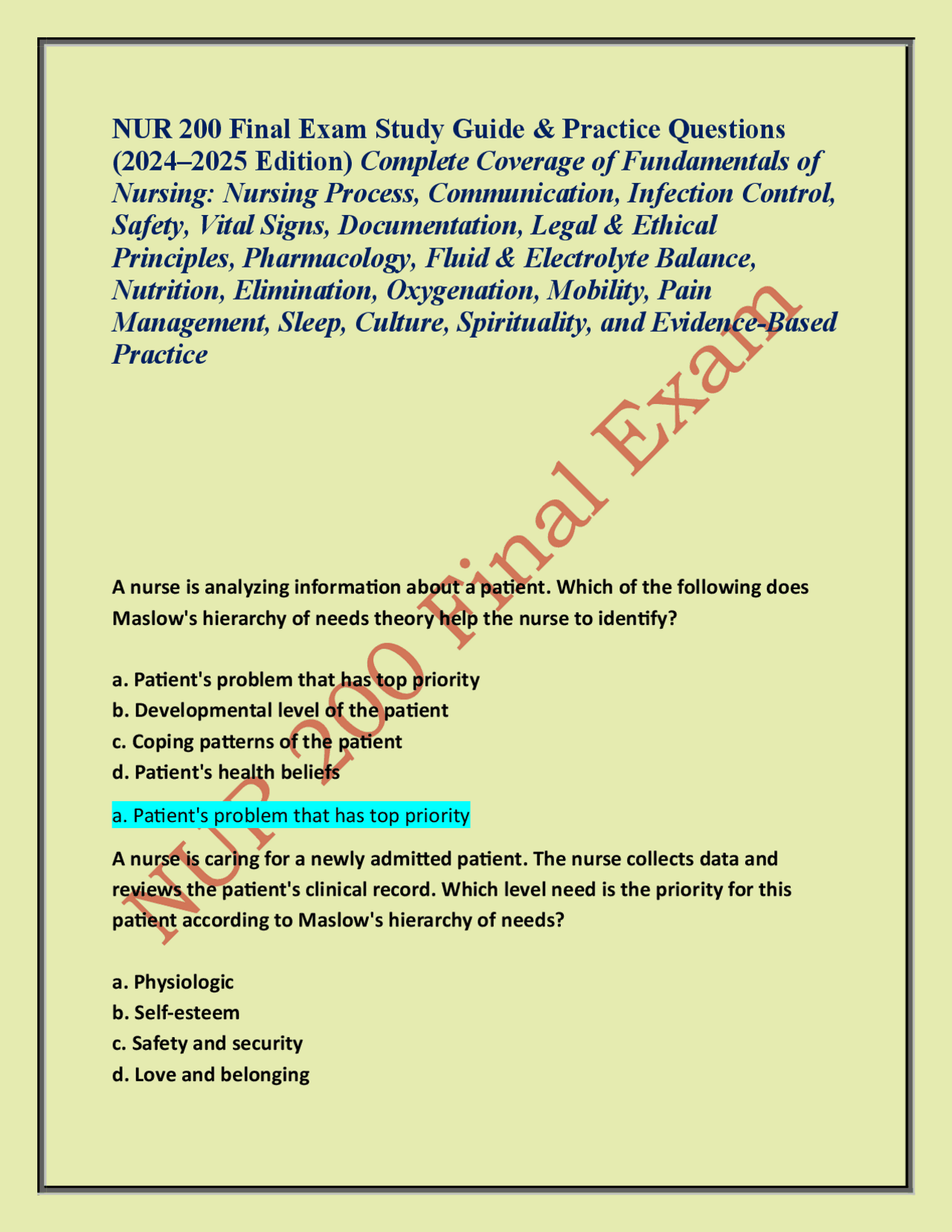 NUR 200 Final Exam Study Guide & Practice Questions (2024–2025 Edition ...