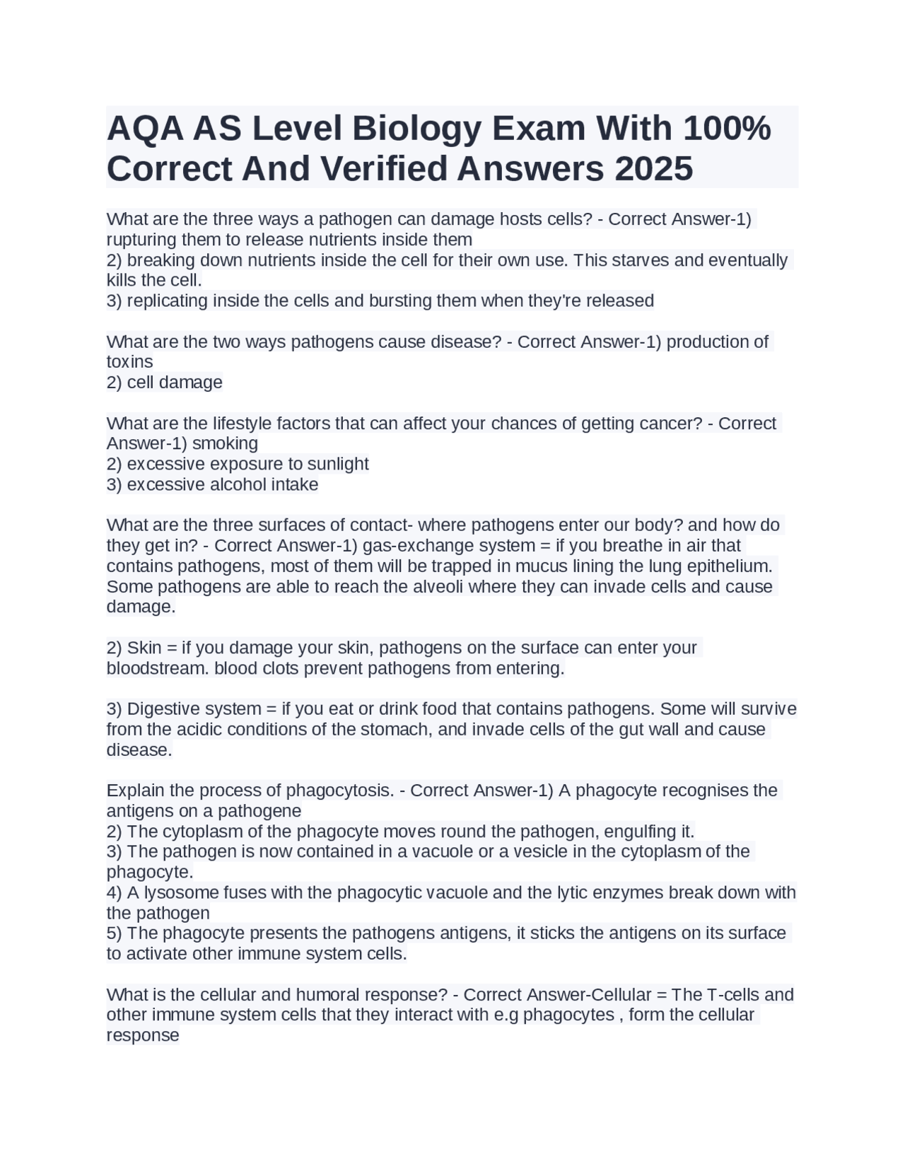 AQA AS Level Biology Exam With 100% Correct And Verified Answers 2025 ...