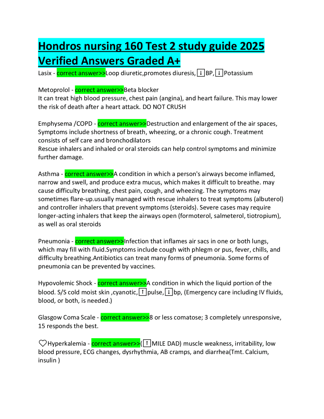 Hondros nursing 160 Test 2 study guide 2025 Verified Answers Graded A+ ...