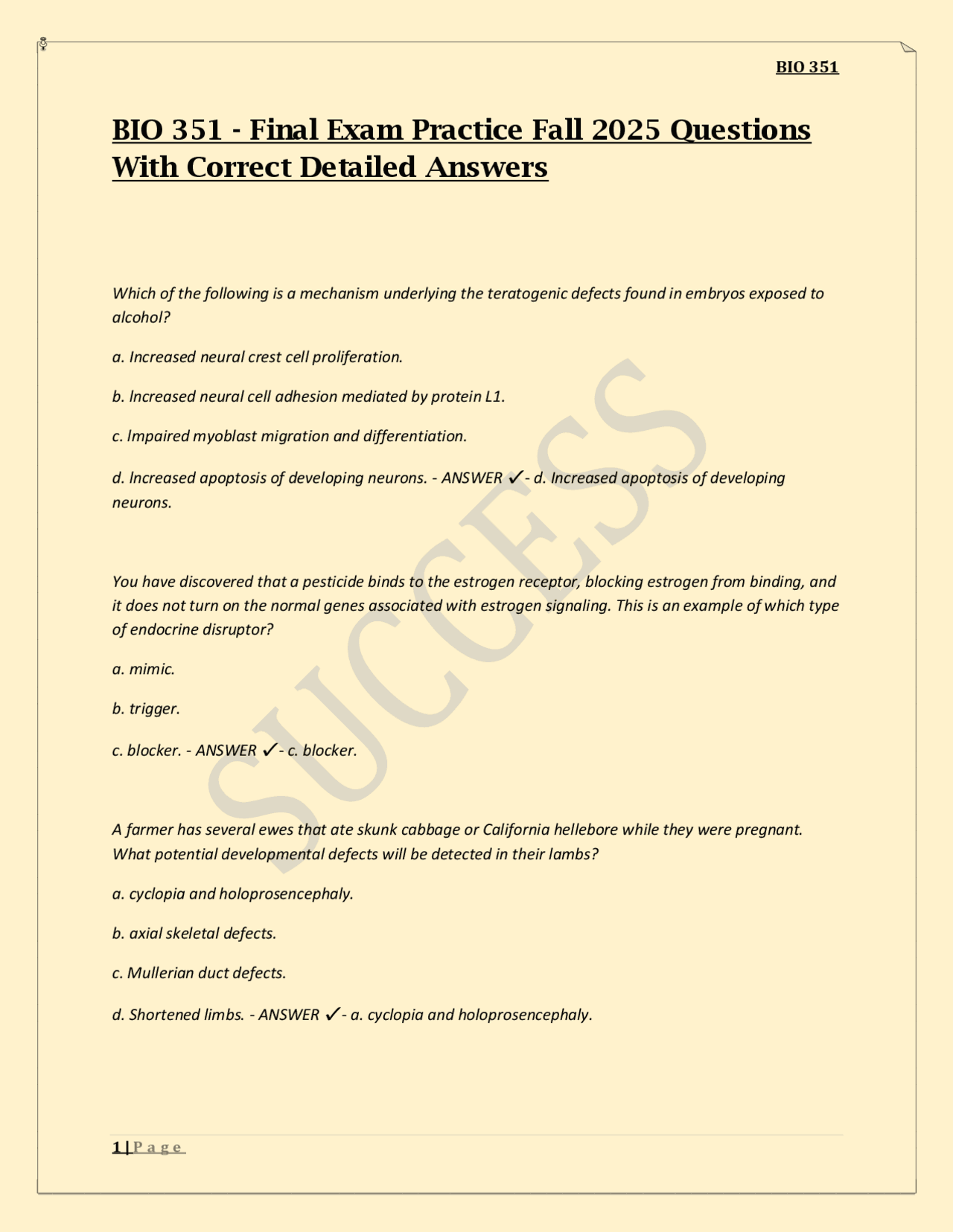 BIO 351 - Final Exam Practice Fall 2025 Questions With Correct Detailed ...