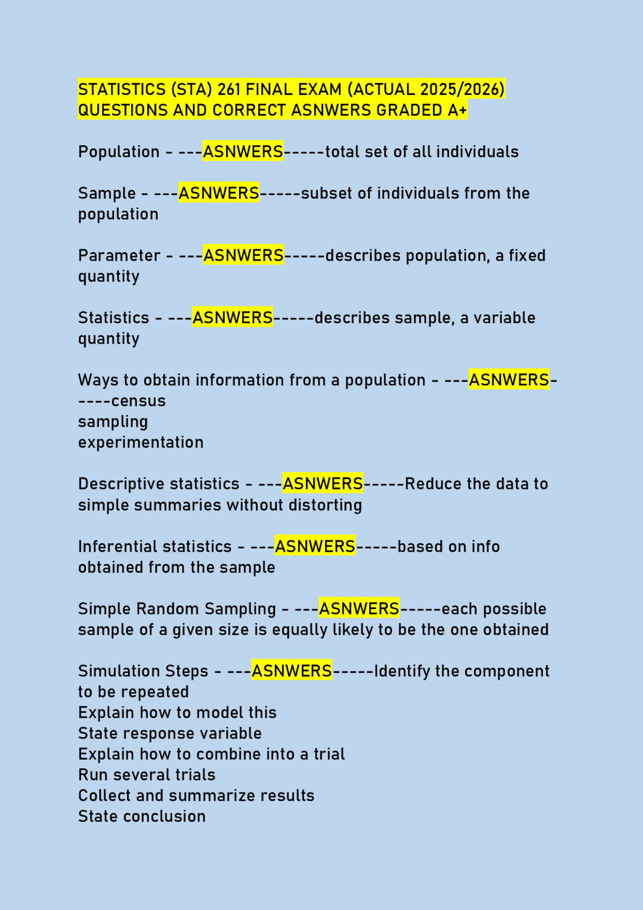 STATISTICS (STA) 261 FINAL EXAM (ACTUAL 2025/2026) QUESTIONS AND ...