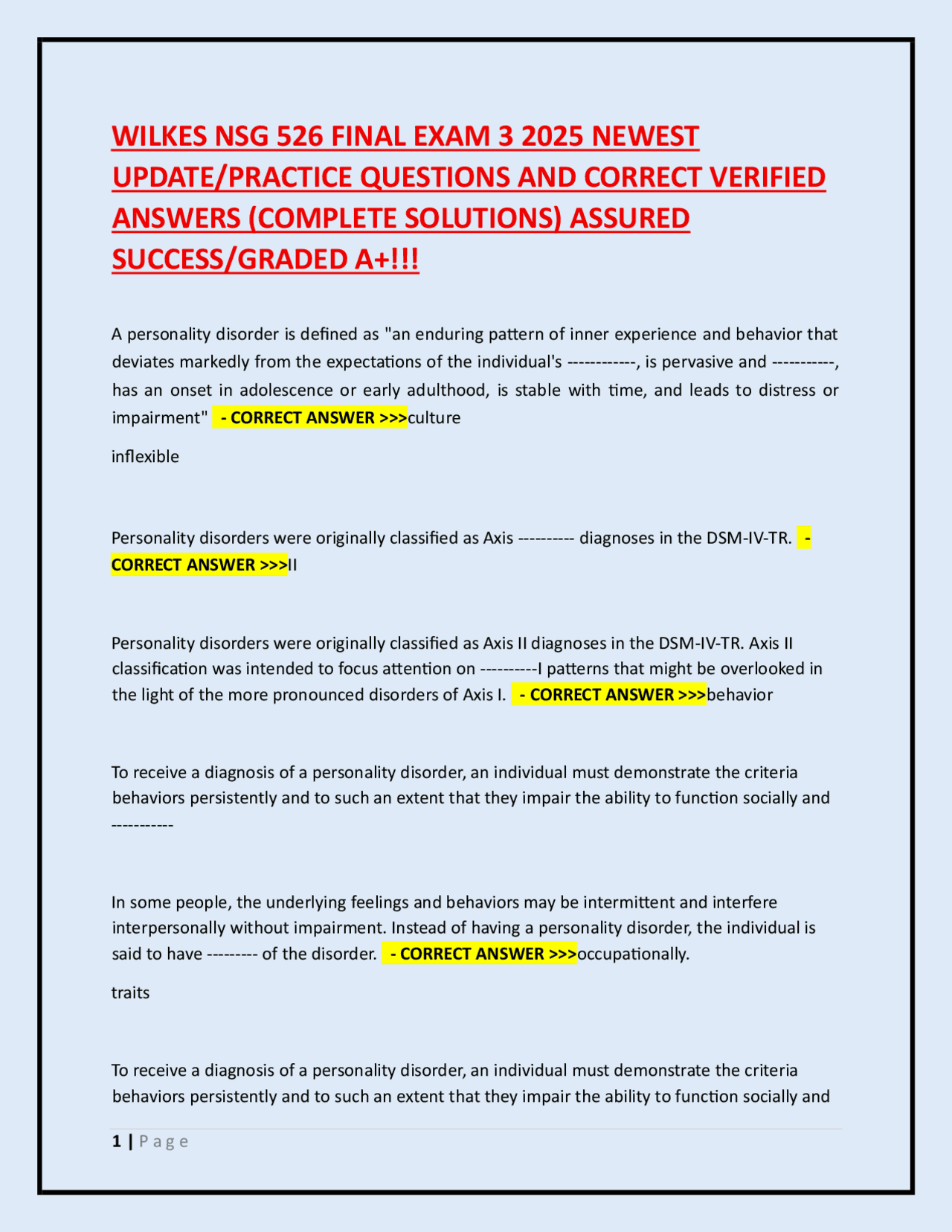 WILKES NSG 526 FINAL EXAM 3 2025 NEWEST UPDATE/PRACTICE QUESTIONS AND ...