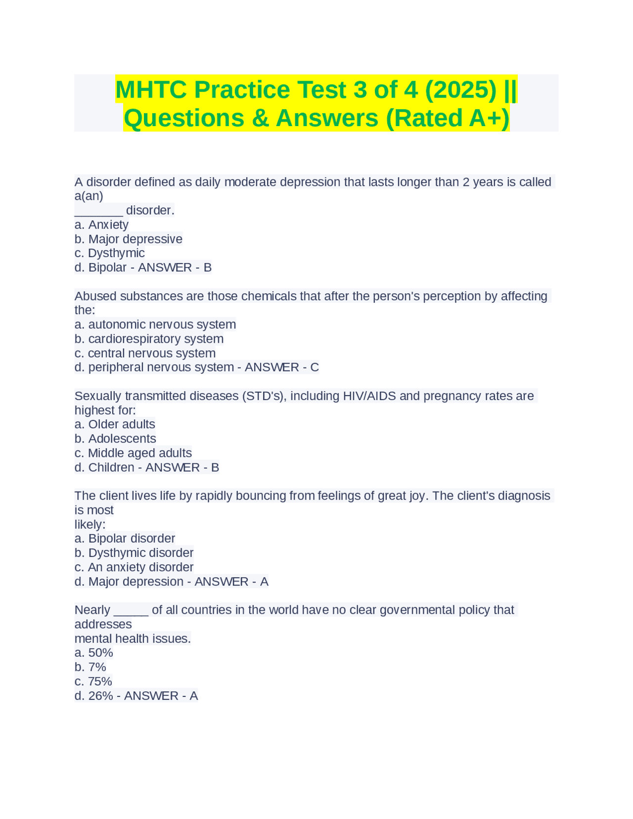 MHTC Practice Test 3 of 4 (2025) || Questions & Answers (Rated A+ ...