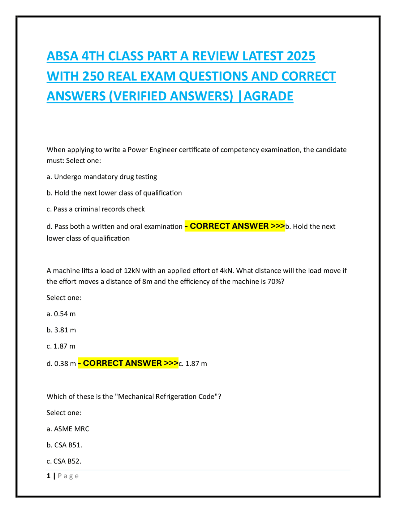 ABSA 4TH CLASS PART A REVIEW LATEST 2025 WITH 250 REAL EXAM QUESTIONS ...