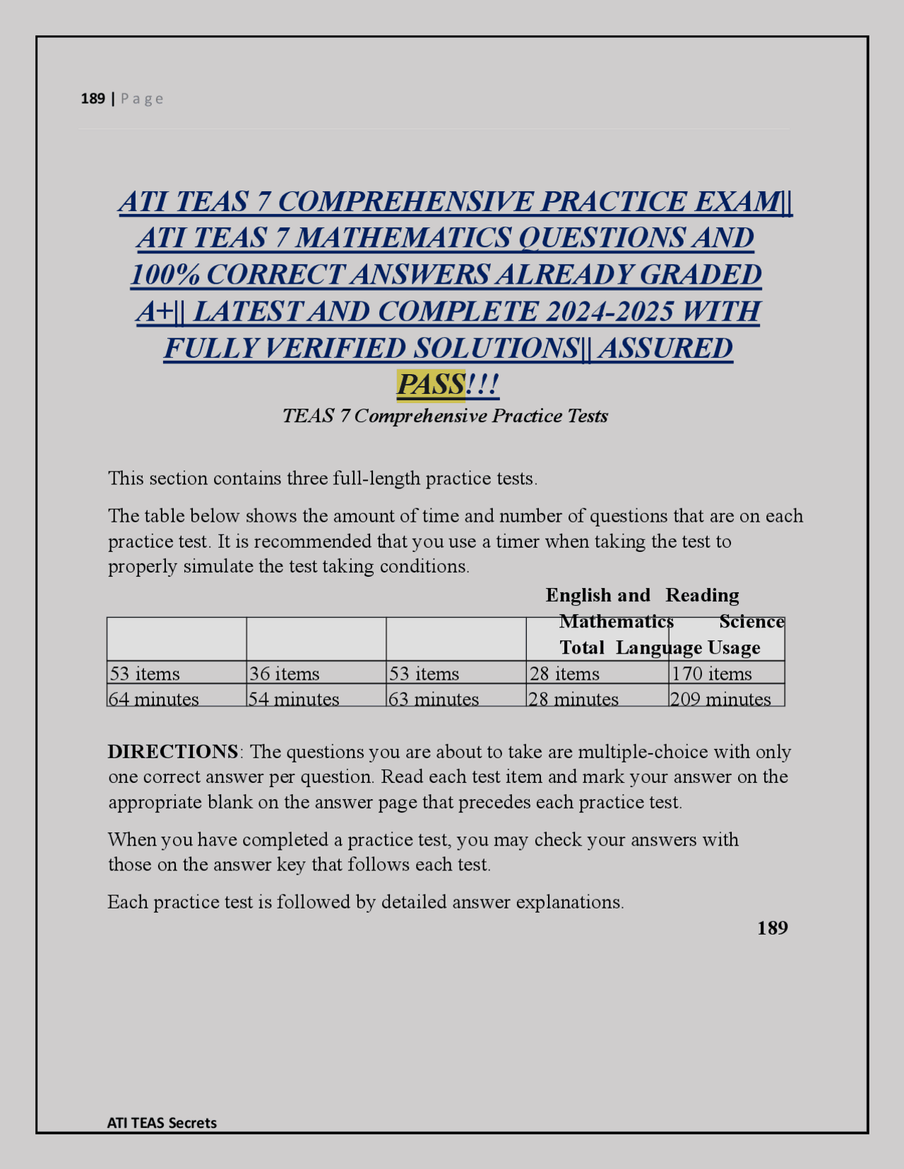 ATI TEAS 7 COMPREHENSIVE PRACTICE EXAM|| ATI TEAS 7 MATHEMATICS ...