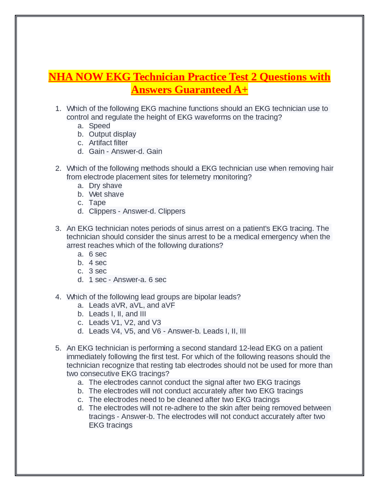 NHA NOW EKG Technician Practice Test 2 Questions with Answers ...