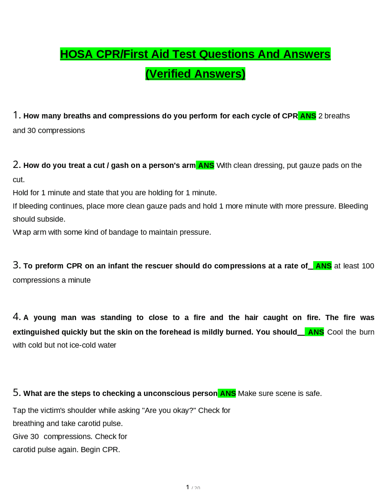 HOSA CPR/First Aid Test tested questions with revised correct answers ...
