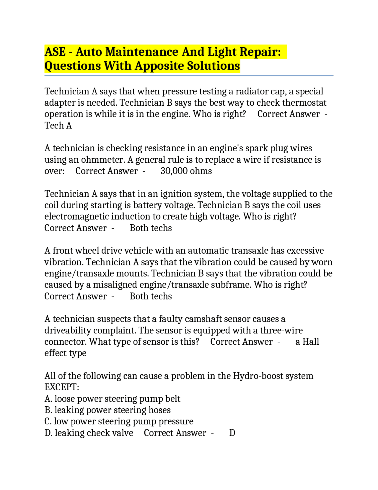 ASE - Auto Maintenance And Light Repair: Questions With Apposite ...