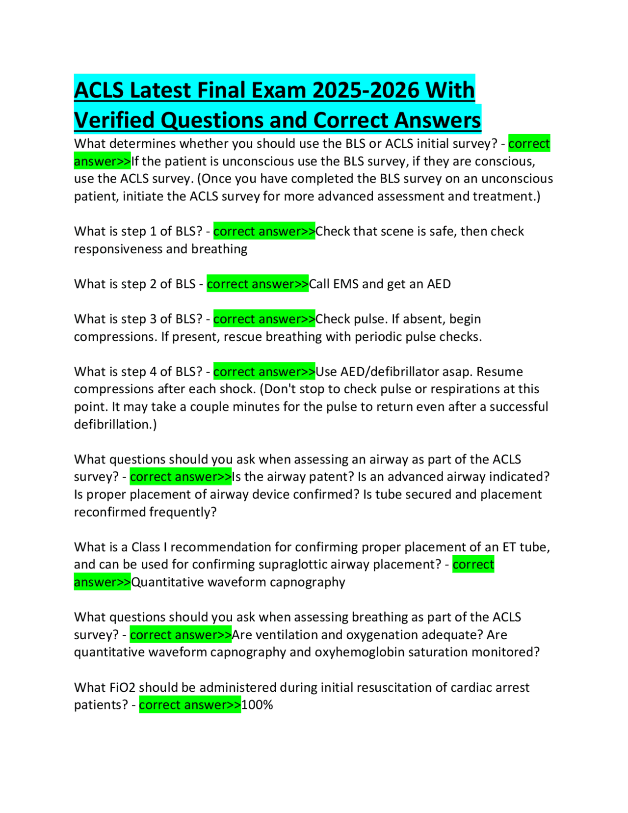 ACLS Latest Final Exam 2025-2026 With Verified Questions and Correct ...