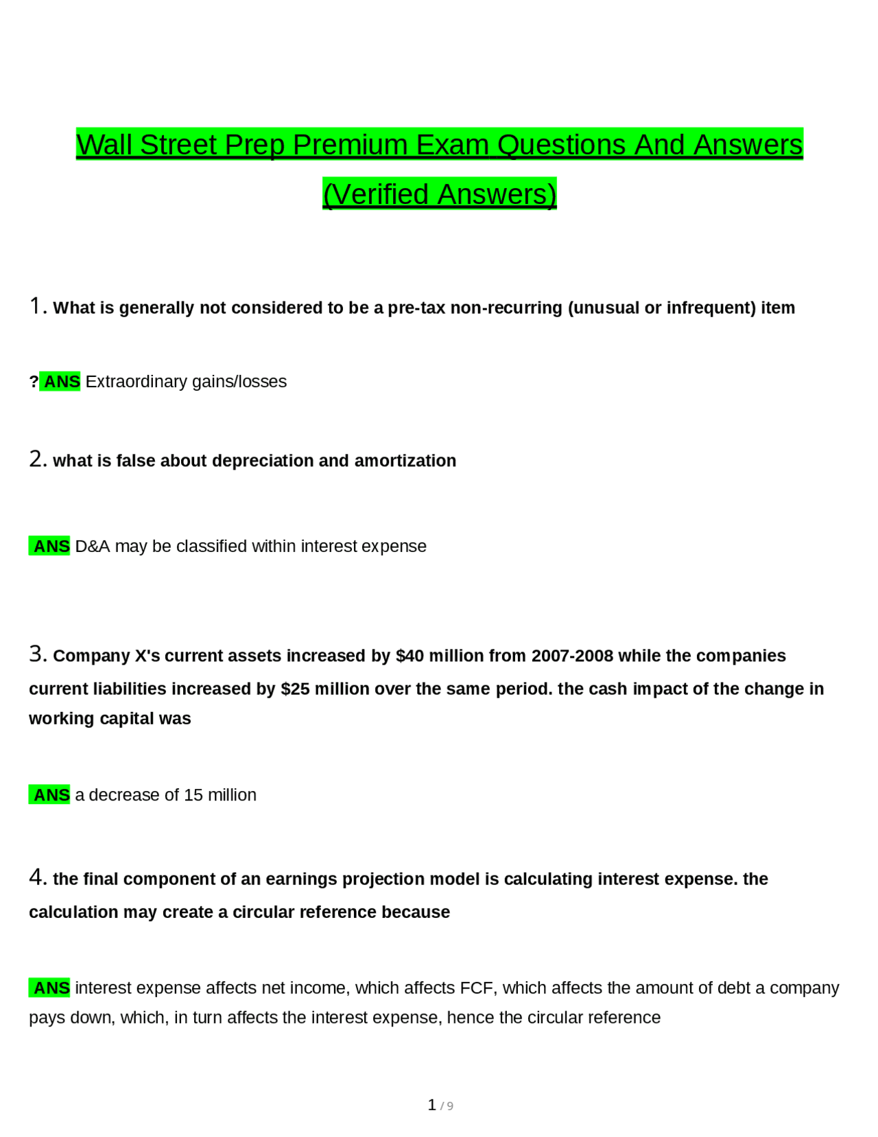Wall Street Prep Premium tested questions with revised correct answers ...