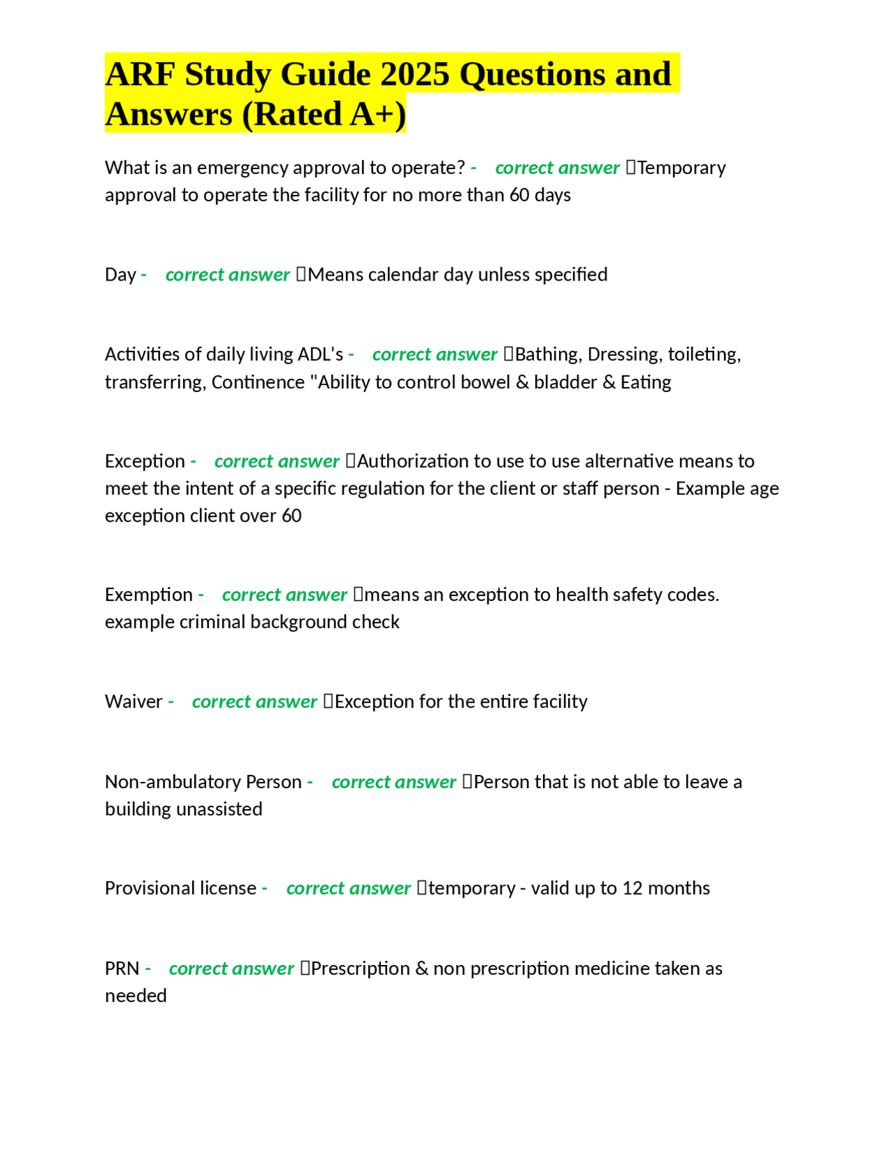 ARF Exam Study Guide 2025: Questions and Answers for Adult Residential ...