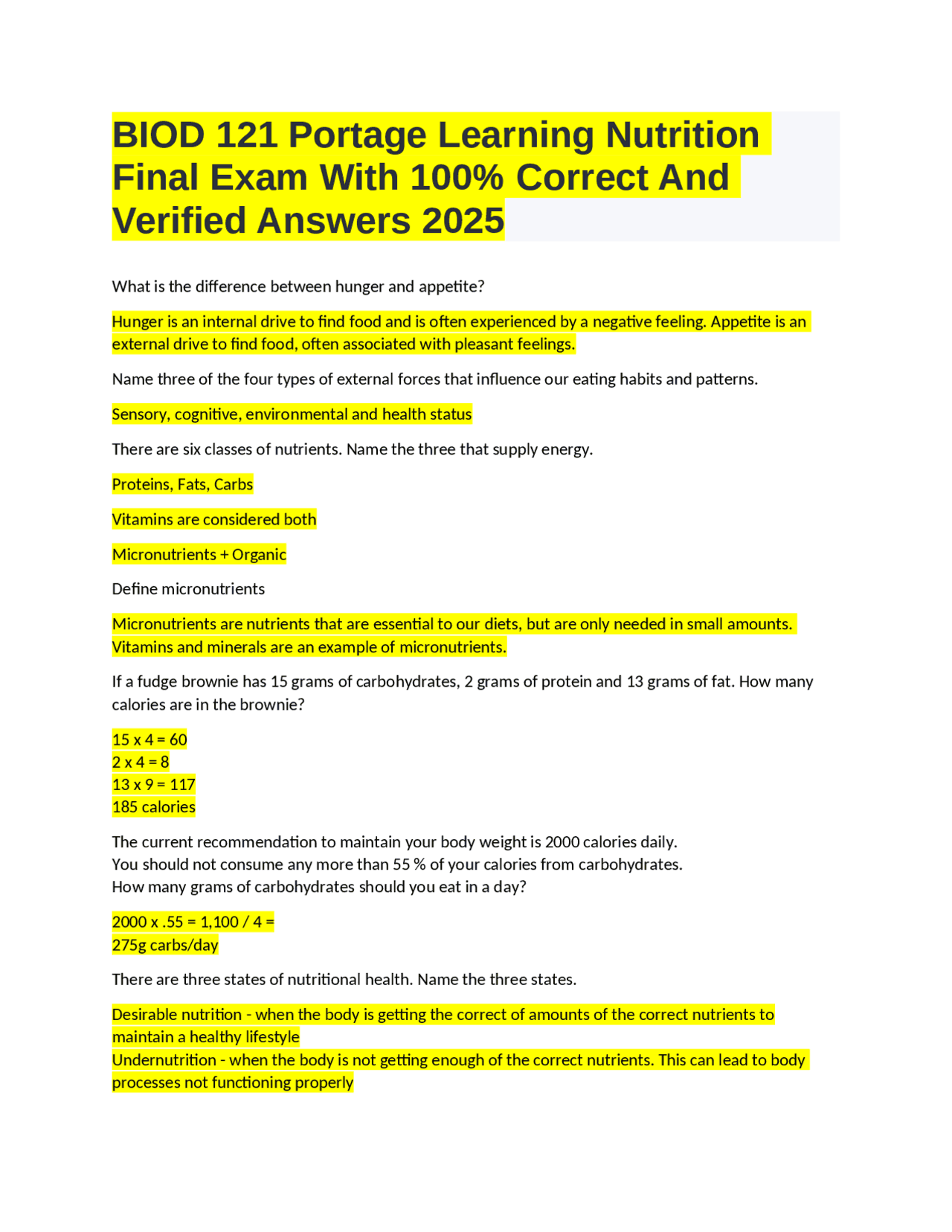 BIOD 121 Portage Learning Nutrition Final Exam With 100% Correct And ...