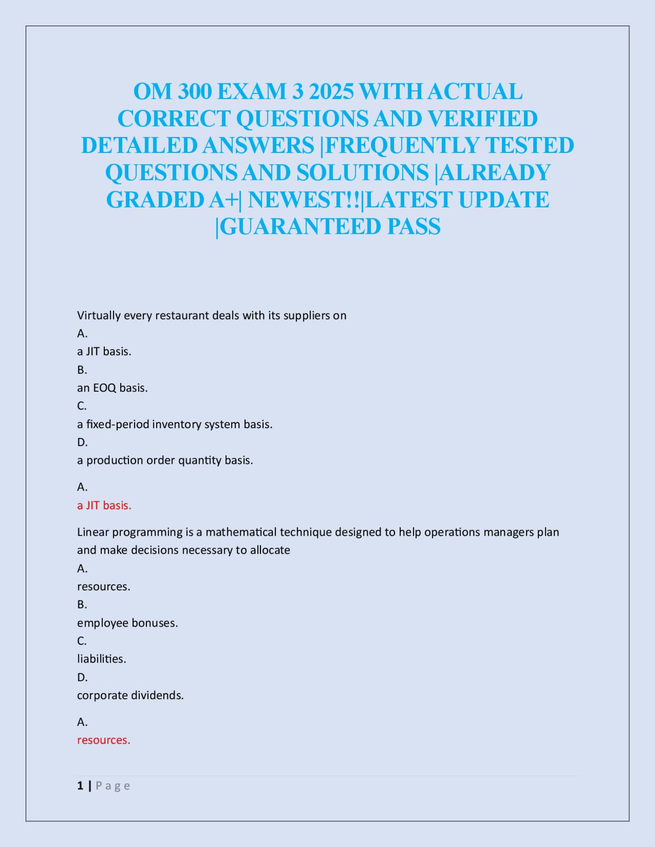 OM 300 EXAM 3 2025 WITH ACTUAL CORRECT QUESTIONS AND VERIFIED DETAILED ...