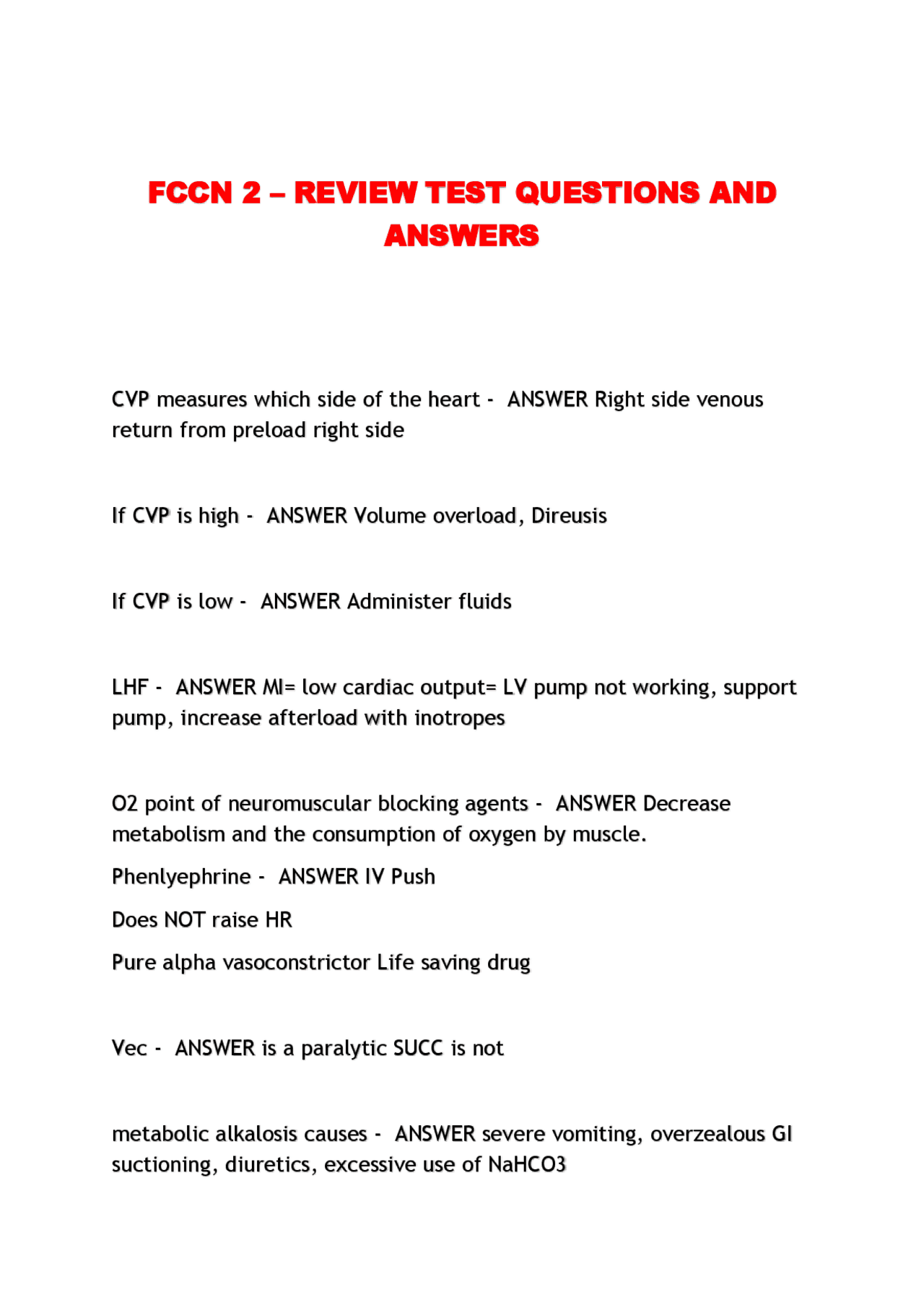 FCCN 2 – REVIEW TEST QUESTIONS AND ANSWERS | Exams Nursing | Docsity