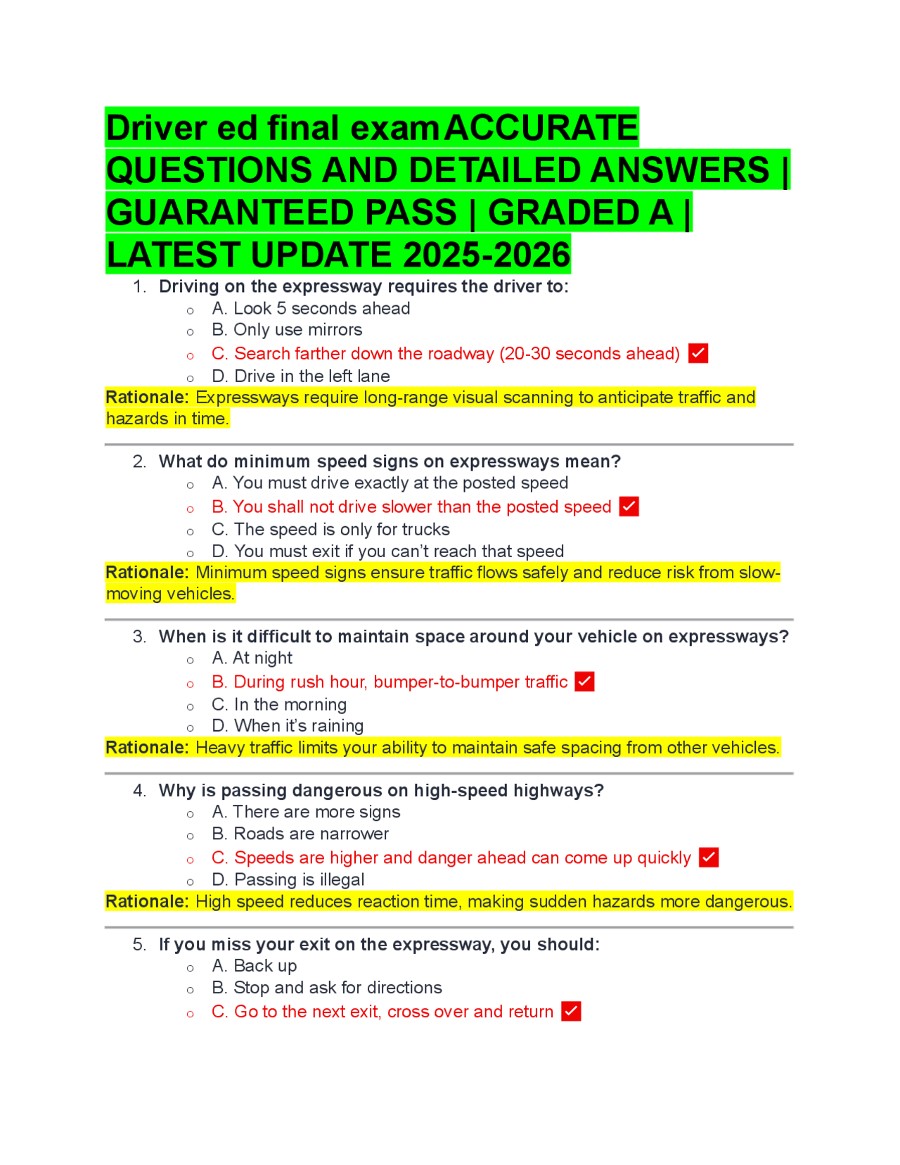 Driver ed final exam ACCURATE QUESTIONS AND DETAILED ANSWERS ...