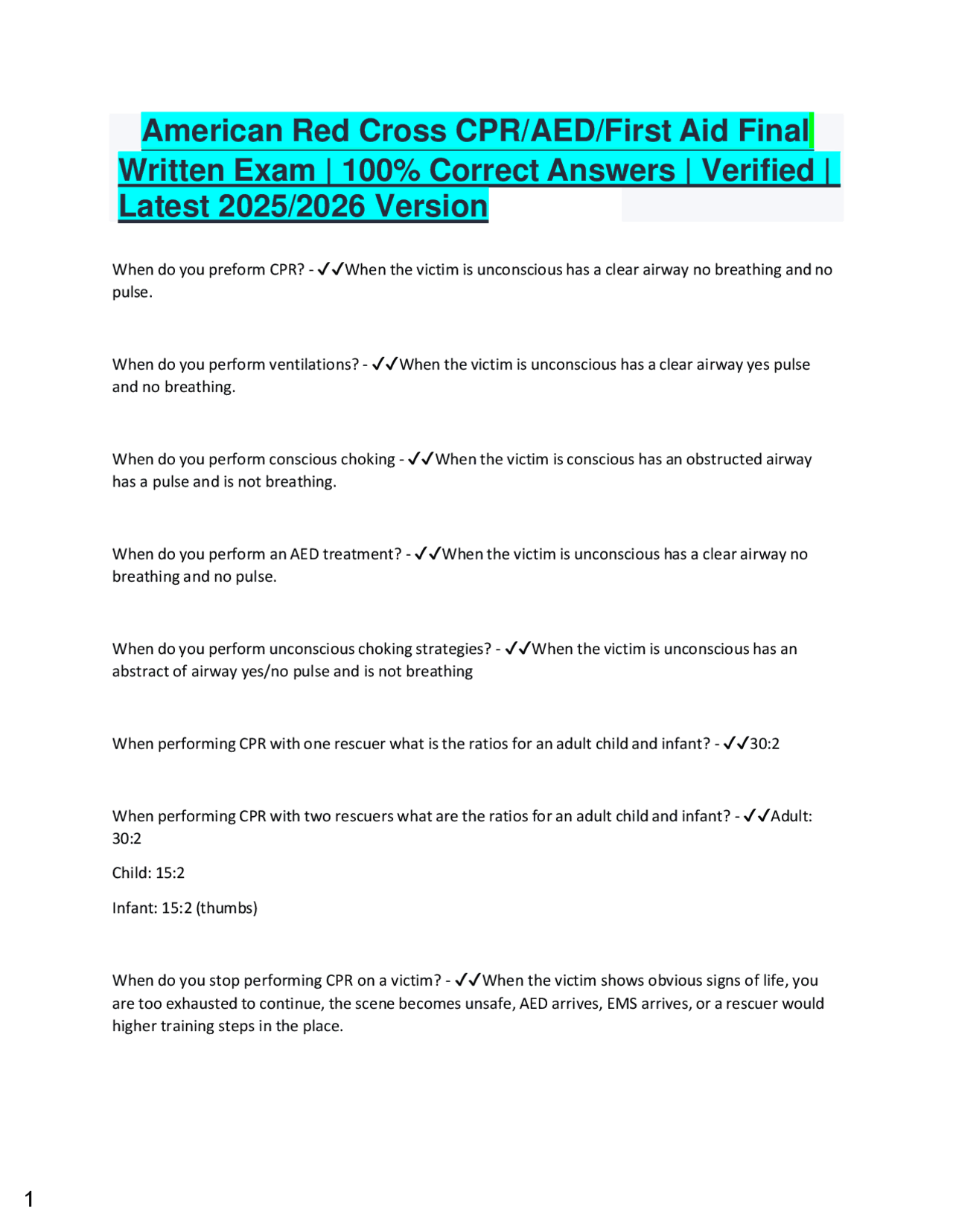 American Red Cross CPR/AED/First Aid Final Written Exam | 100% Correct ...