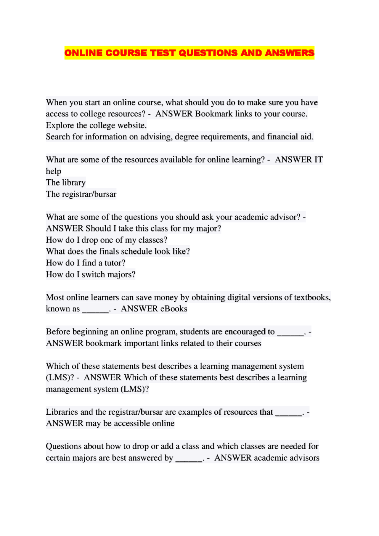 ONLINE COURSE TEST QUESTIONS AND ANSWERS | Exams Advanced Education ...