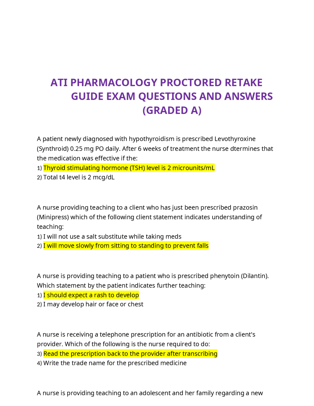 ATI PHARMACOLOGY PROCTORED RETAKE GUIDE EXAM QUESTIONS AND ANSWERS ...
