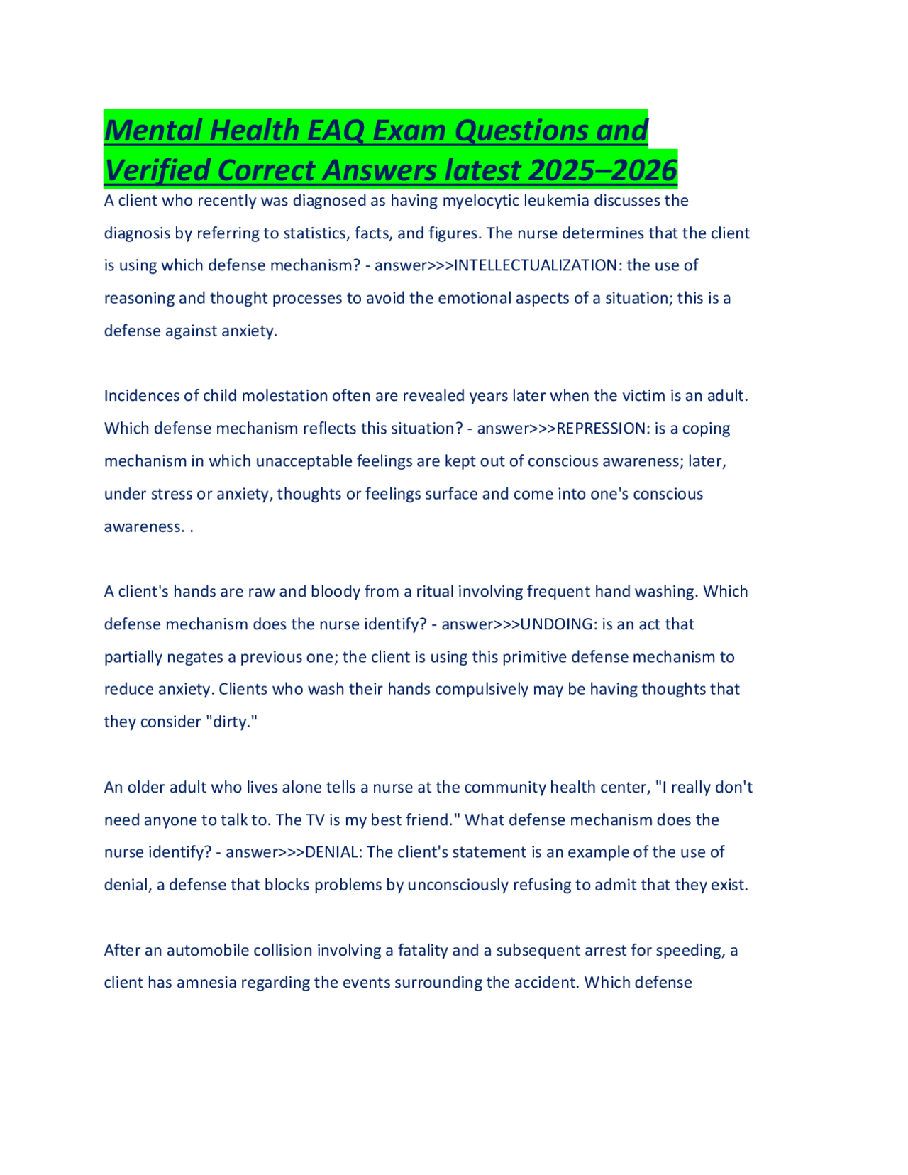 Mental Health EAQ Exam Questions and Verified Correct Answers latest ...