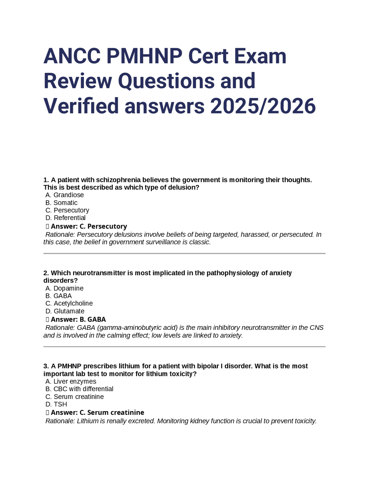 ANCC PMHNP Cert Exam Review Questions and Verified answers 2025_2026 ...