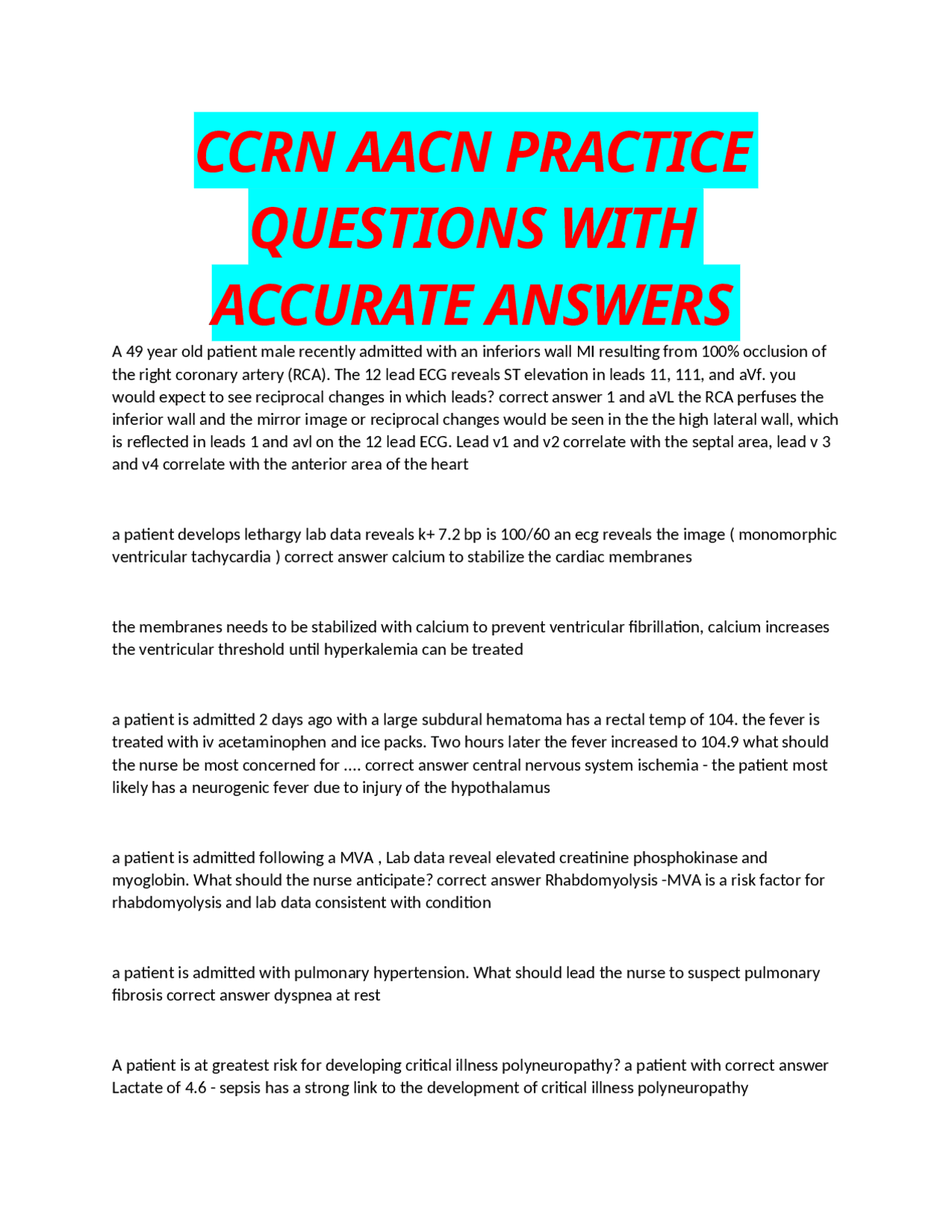 CCRN AACN PRACTICE QUESTIONS WITH ACCURATE ANSWERS | Exams Nursing ...