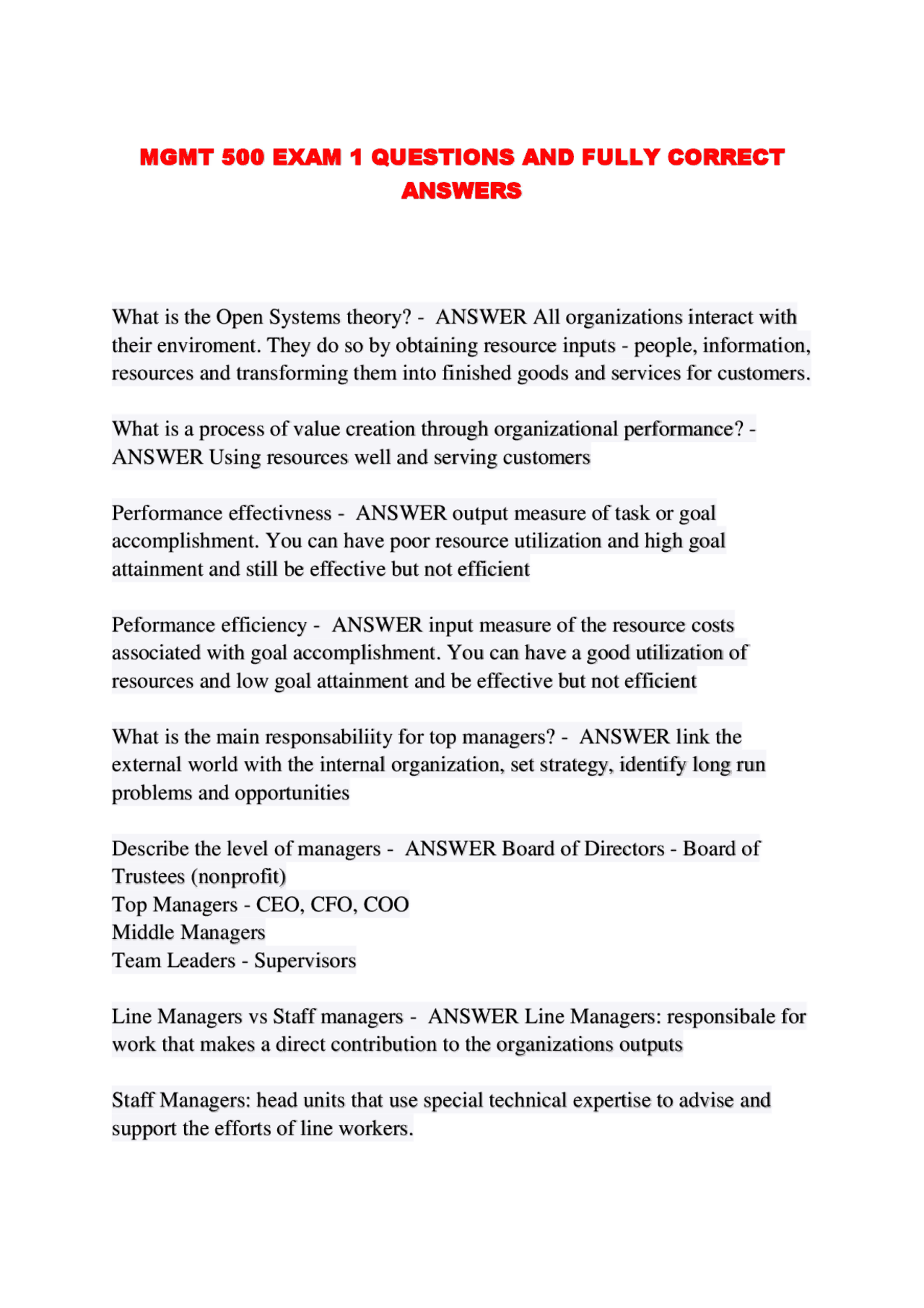 MGMT 500 EXAM 1 QUESTIONS AND FULLY CORRECT ANSWERS | Exams Business ...