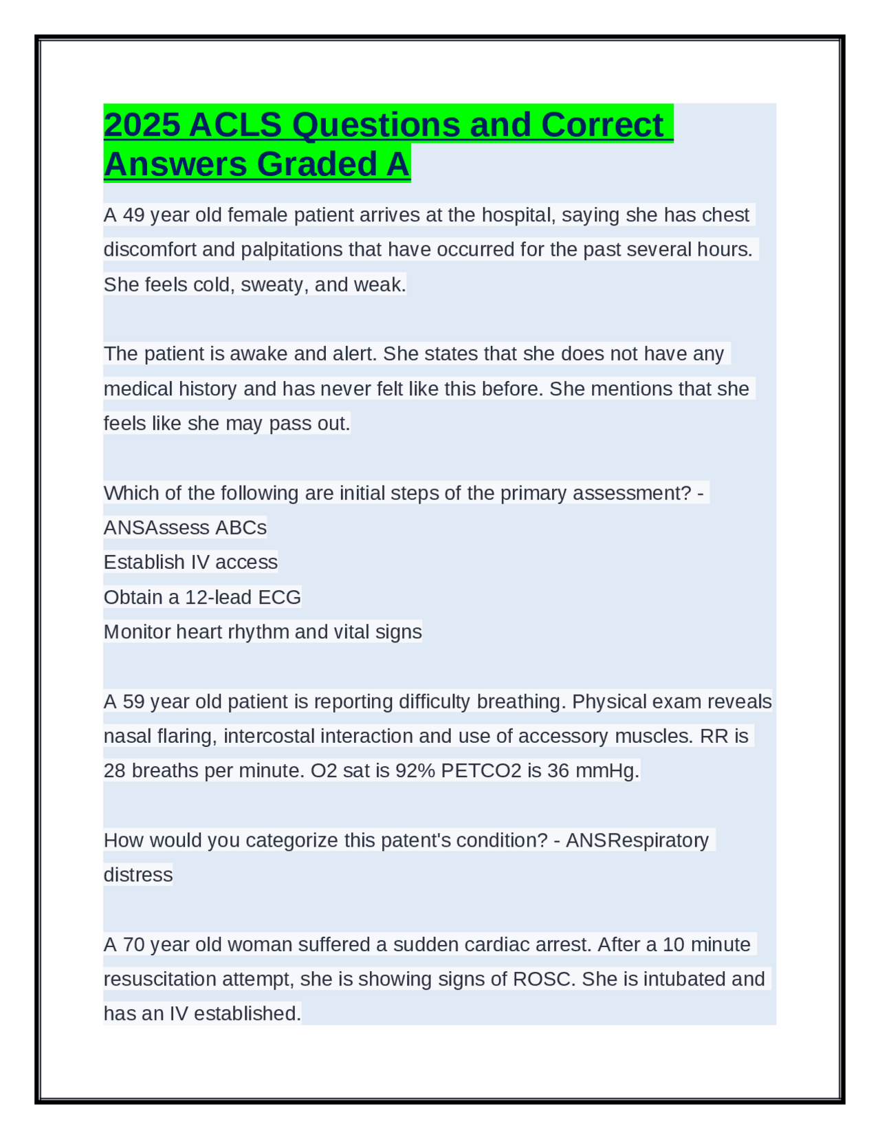 2025 ACLS Questions and Correct Answers Graded A | Exams Health ...