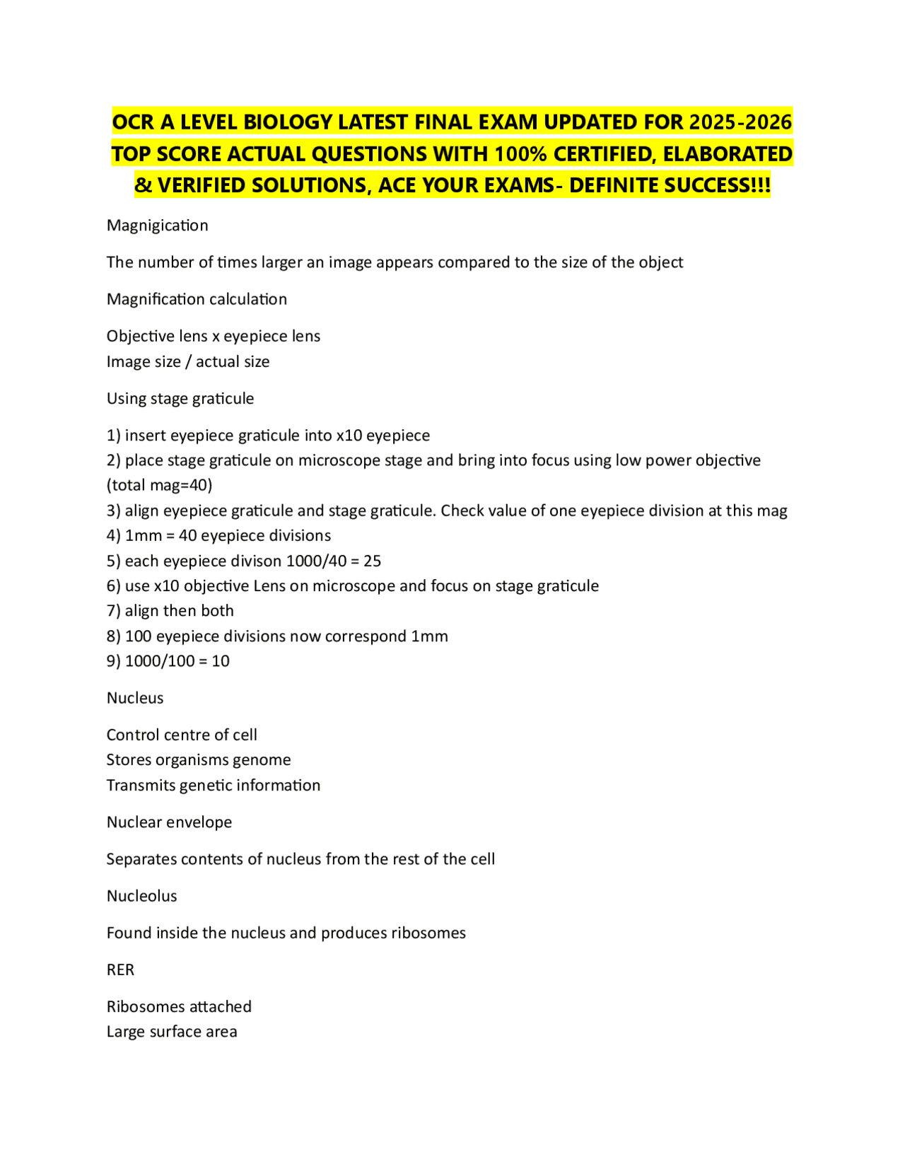 OCR A LEVEL BIOLOGY LATEST FINAL EXAM UPDATED FOR 2025-2026 TOP SCORE ...