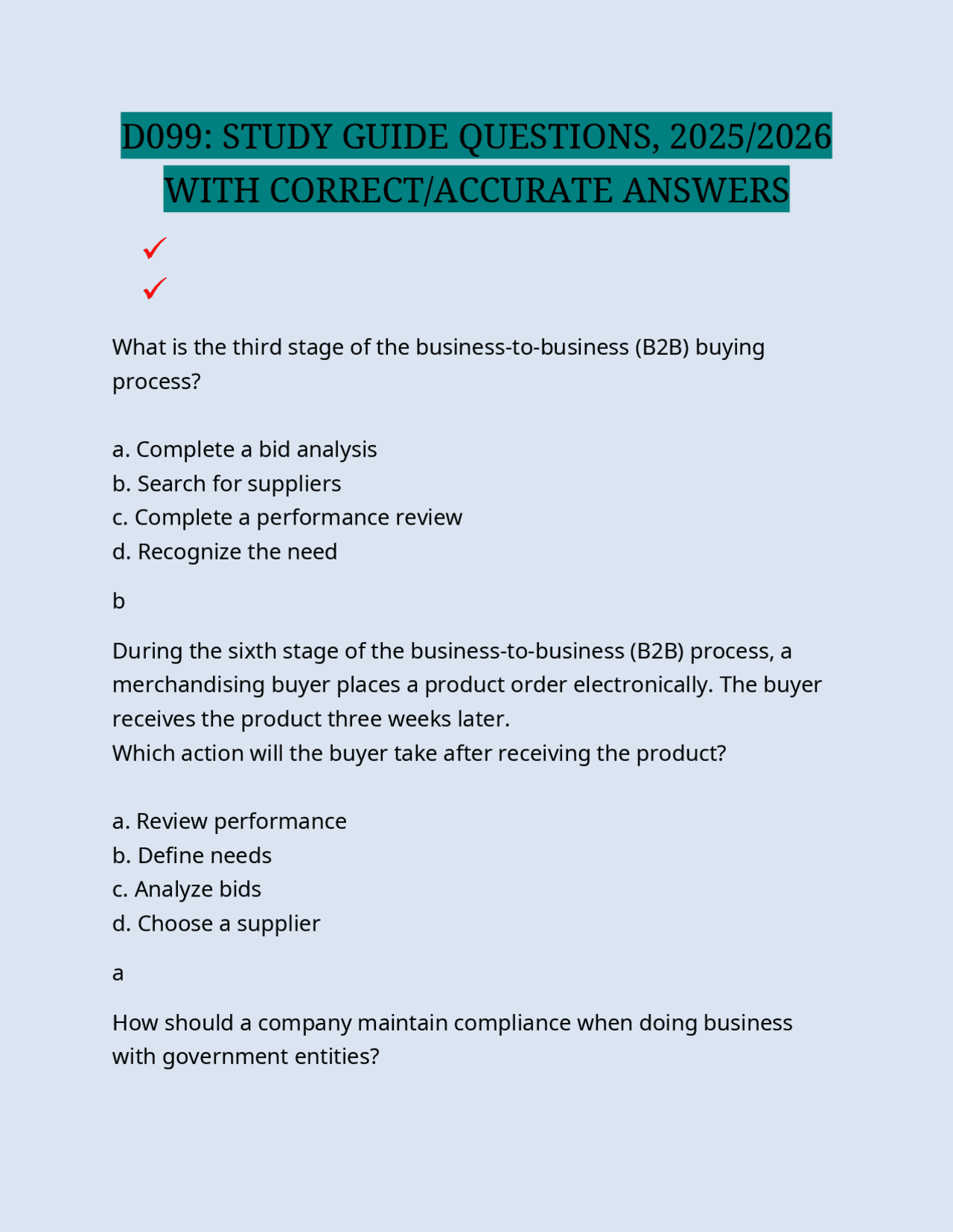 D099: STUDY GUIDE QUESTIONS, 2025/2026 WITH CORRECT/ACCURATE ANSWERS ...