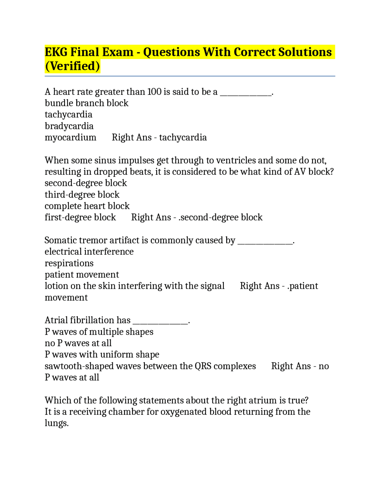 EKG Final Exam Questions and Answers: Cardiac Rhythms and ...