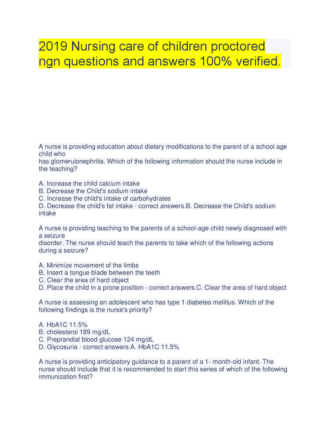 2019 Nursing care of children proctored ngn questions and answers 100 ...