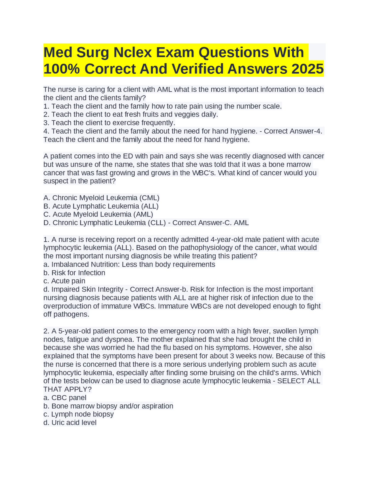 Med Surg Nclex Exam Questions With 100% Correct And Verified Answers ...