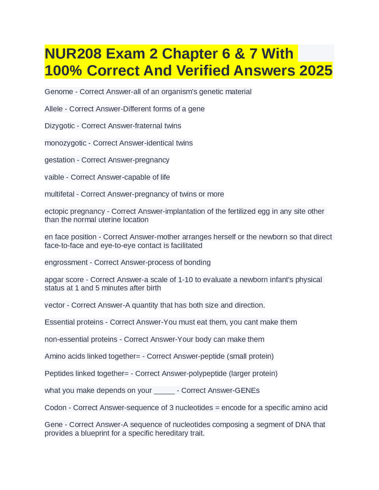 NUR208 Exam 2 Chapter 6 & 7 With 100% Correct And Verified Answers 2025 ...