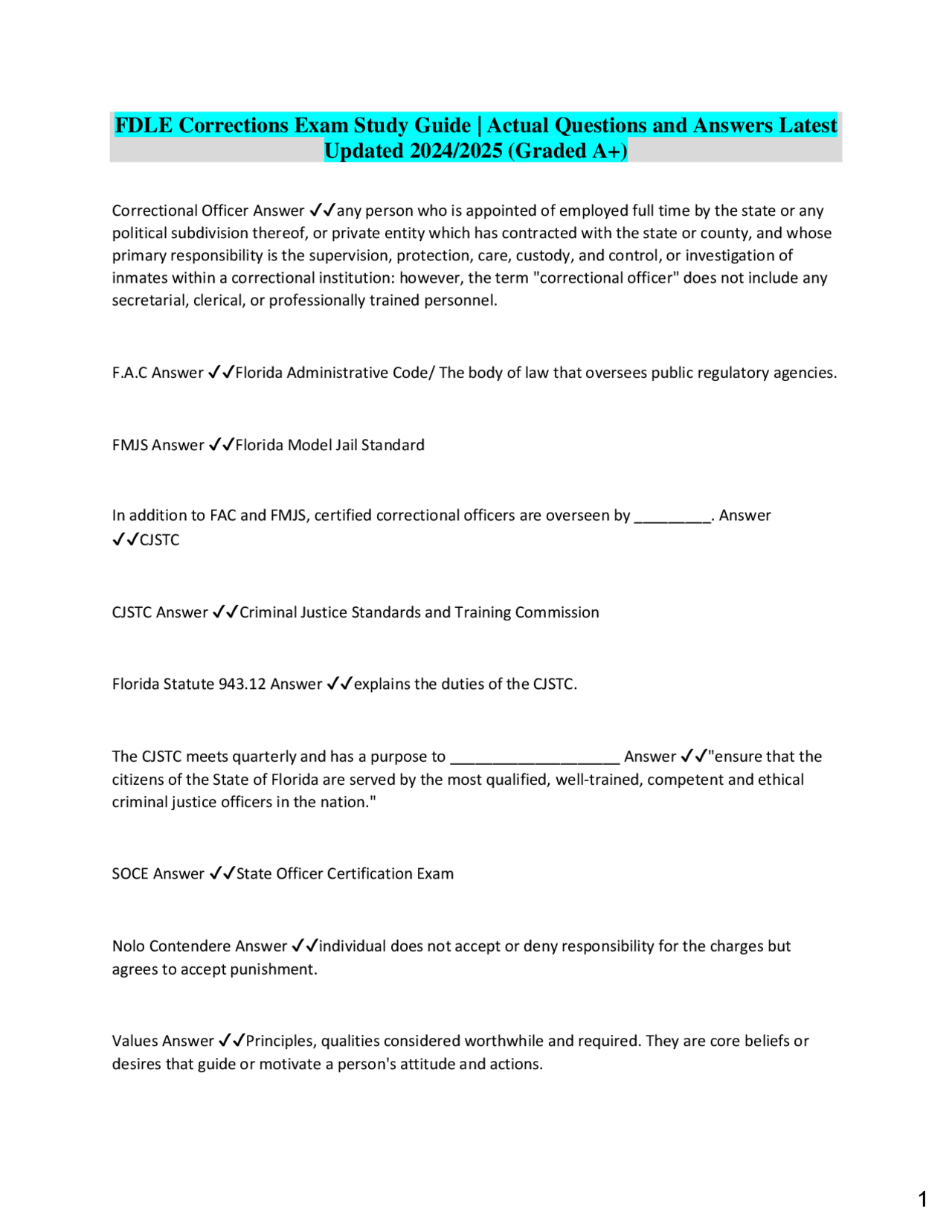 Fdle Qualification Course FDLE Corrections Exam Study Guide | Actual Questions and Answers Latest ...