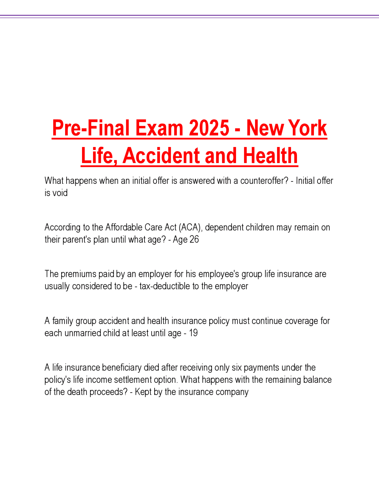Pre-Final Exam 2025 - New York Life, Accident and Health.pdf | Exams ...