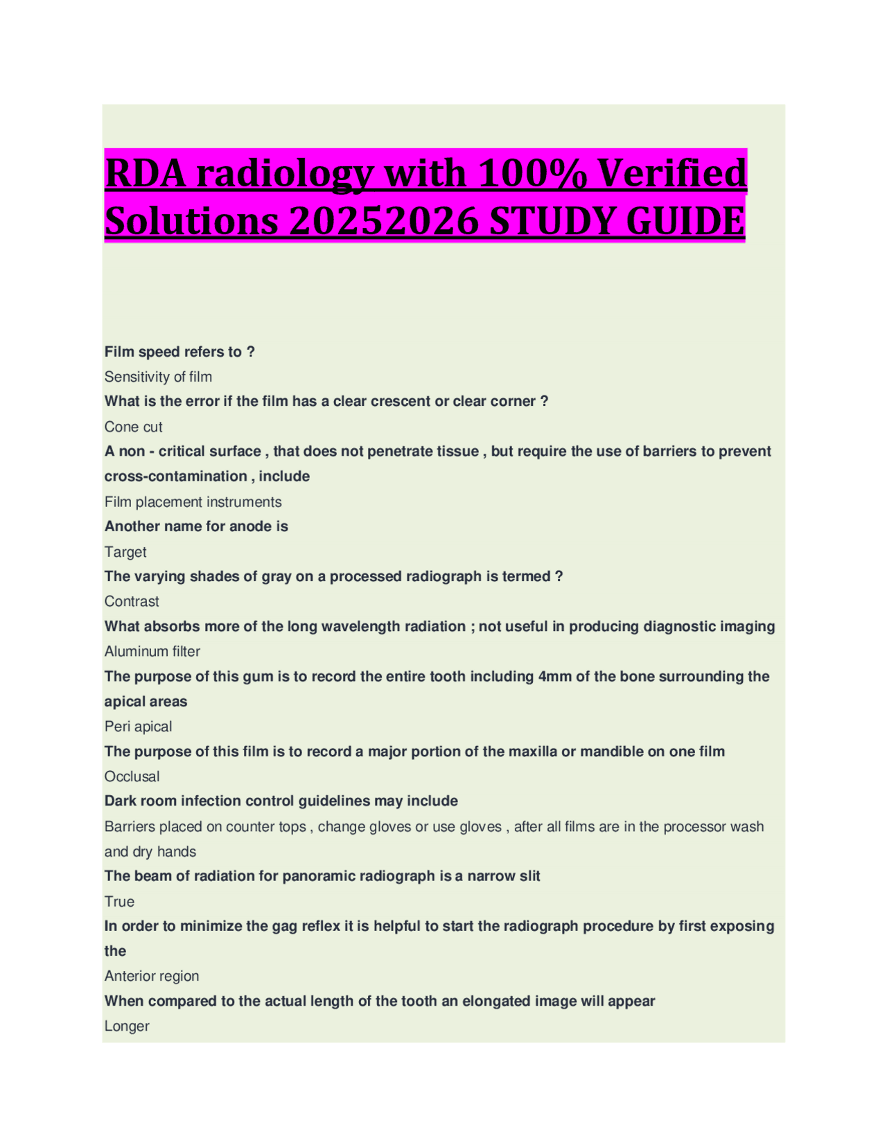 RDA radiology with 100% Verified Solutions 20252026 STUDY GUIDE | Exams ...