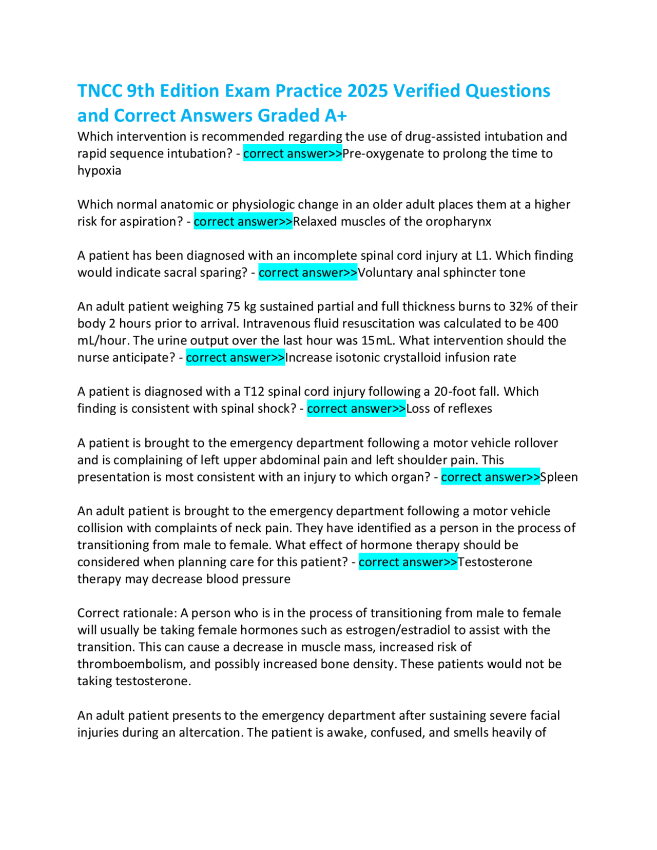 Tncc Questions TNCC 9th Edition Exam Practice 2025 Verified Questions and Correct ...