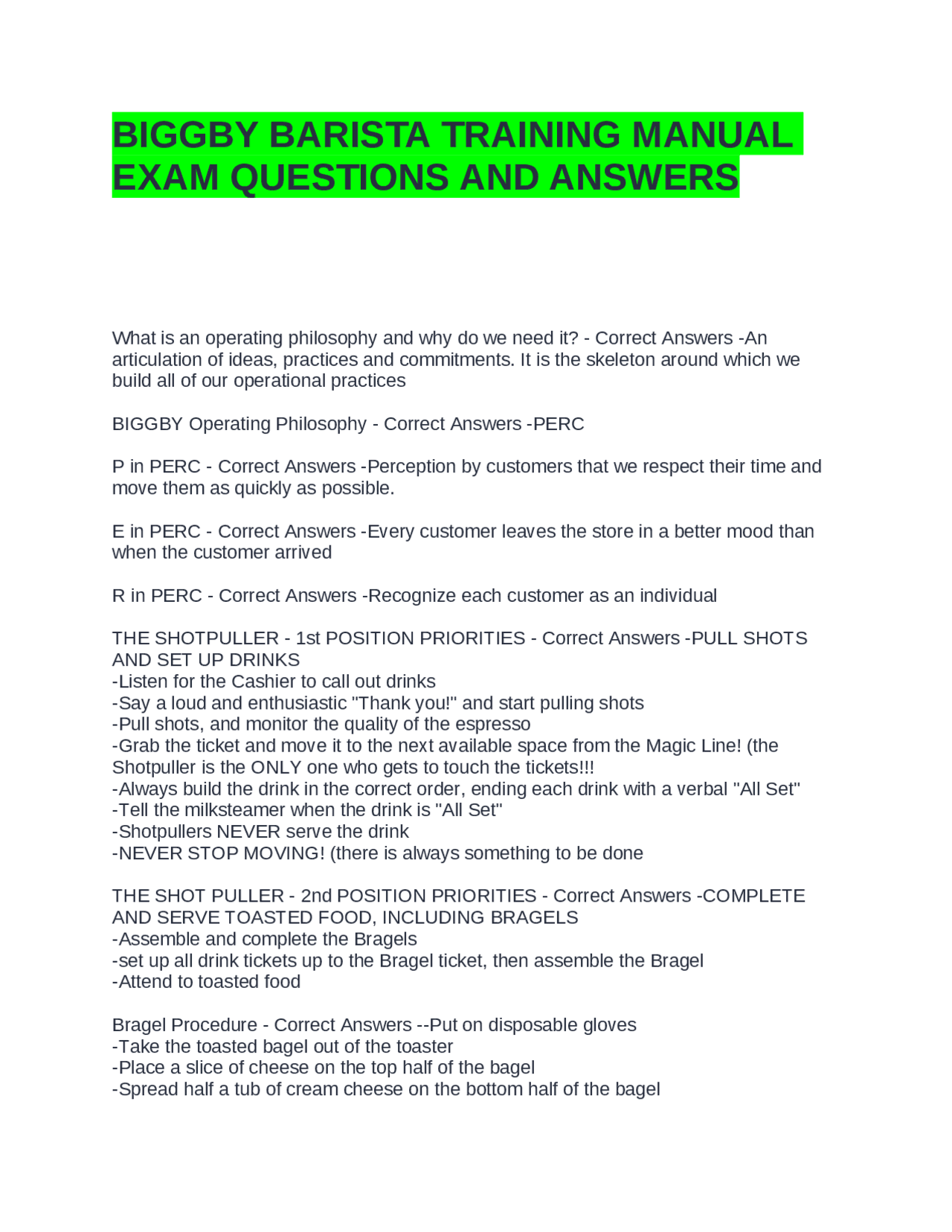 BIGGBY BARISTA TRAINING MANUAL EXAM QUESTIONS AND ANSWERS | VERIFIED ...
