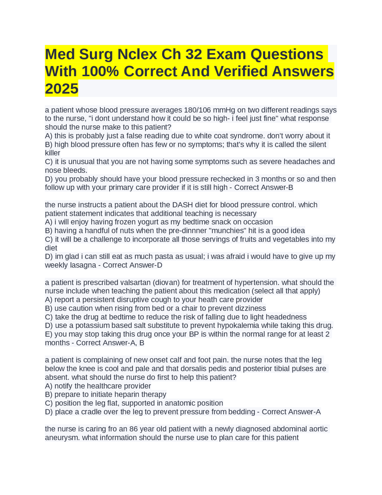Med Surg Nclex Ch 32 Exam Questions With 100% Correct And Verified ...