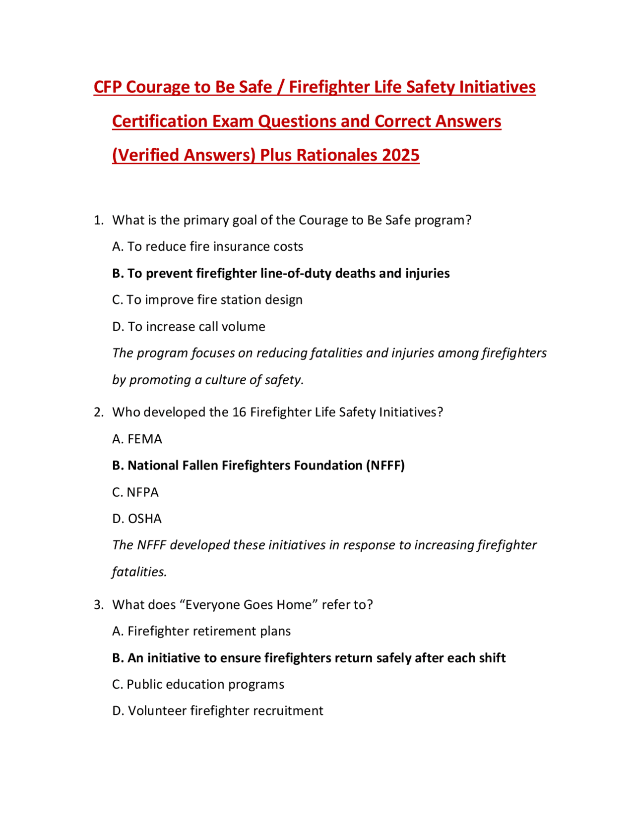 CFP Courage to Be Safe / Firefighter Life Safety Initiatives Certification Exam Questions ...