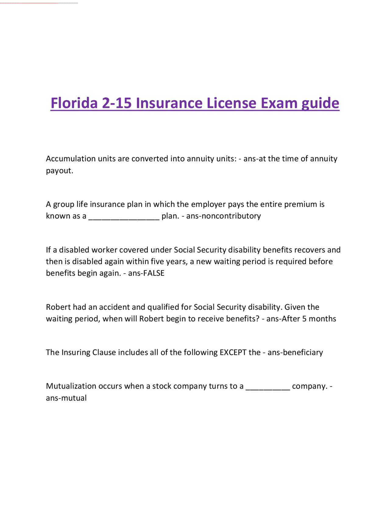 Florida 2-15 Insurance License Exam guide.pdf | Exams Nursing | Docsity