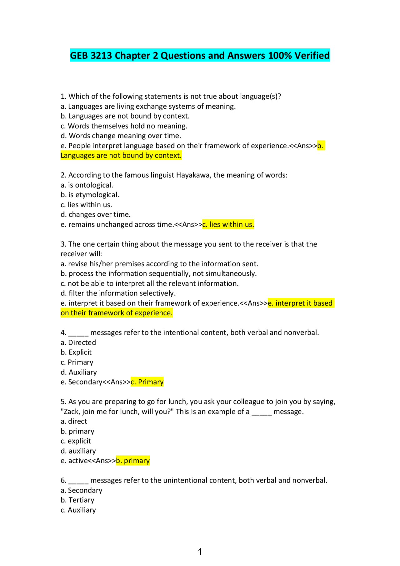 GEB 3213 Chapter 2 Questions and Answers 100% Verified 1. Which of the ...