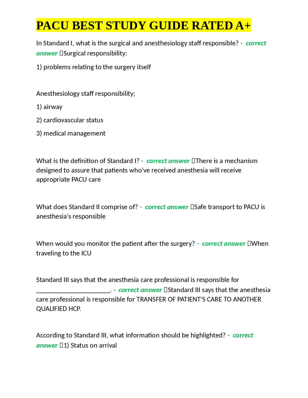 Pa Uc Handbook.pdf PACU BEST STUDY GUIDE RATED A+ | Exams Nursing | Docsity