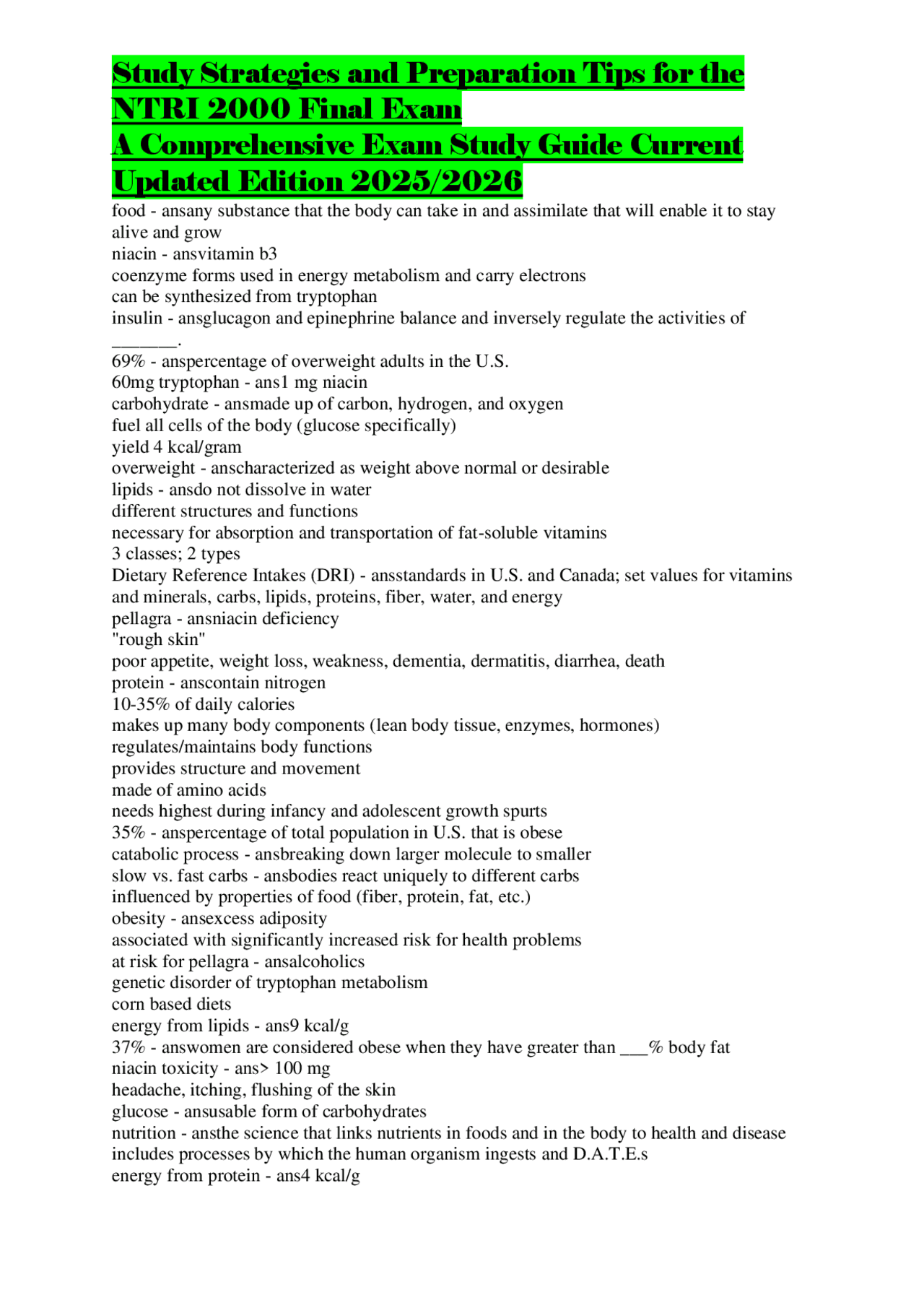 NTRI 2000 Final Exam Study Guide: Nutrition Essentials | Exams Nursing ...