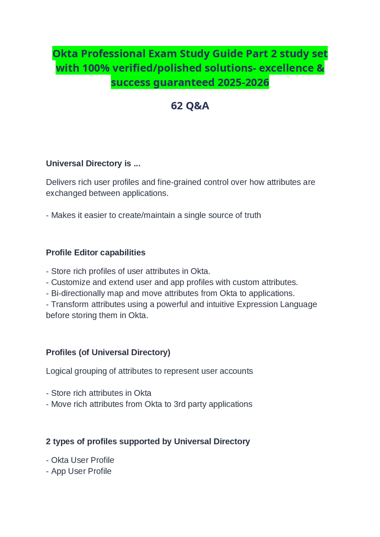 Okta Professional Exam Study Guide Part 2 study set with 100% verified ...