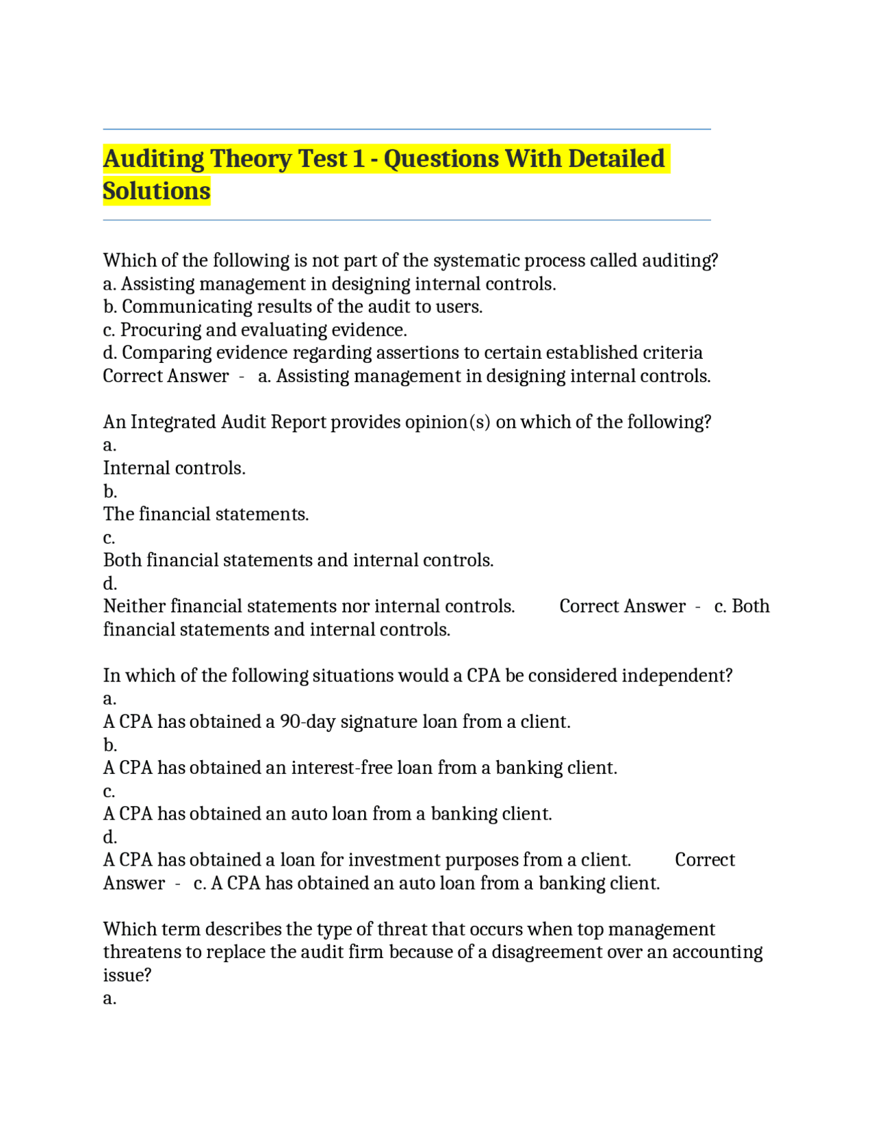 Auditing Theory Test 1 - Questions With Detailed Solutions | Exams ...