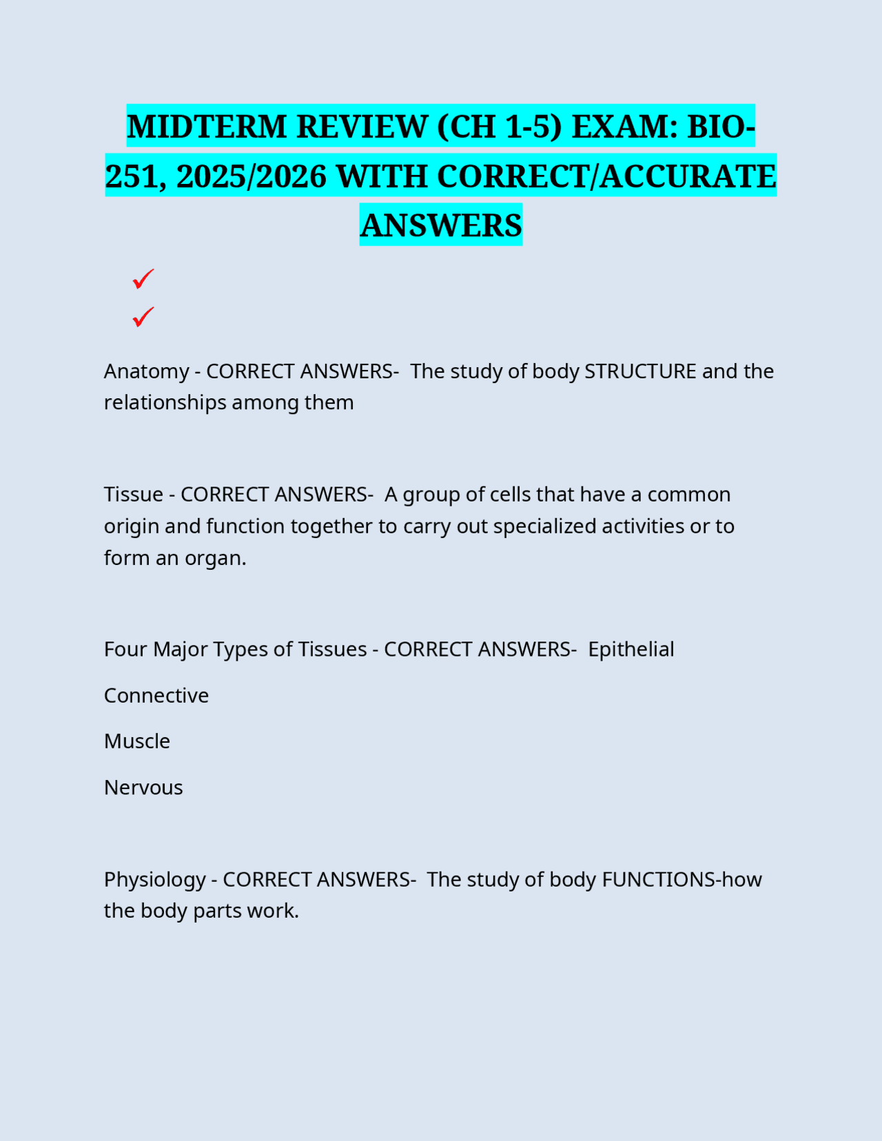 MIDTERM REVIEW (CH 1-5) EXAM: BIO-251, 2025/2026 WITH CORRECT/ACCURATE ...
