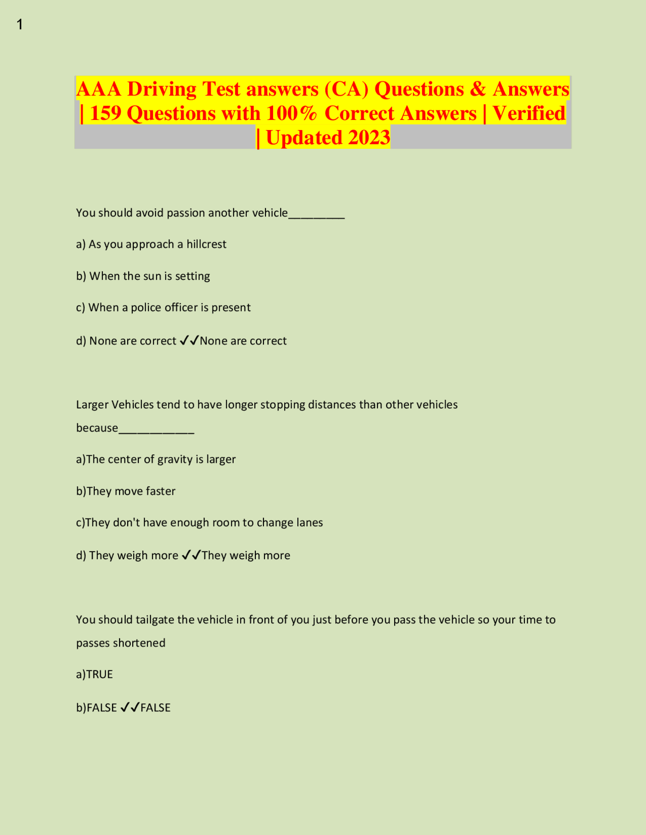 AAA Driving Test answers (CA) Questions & Answers | 159 Questions with ...