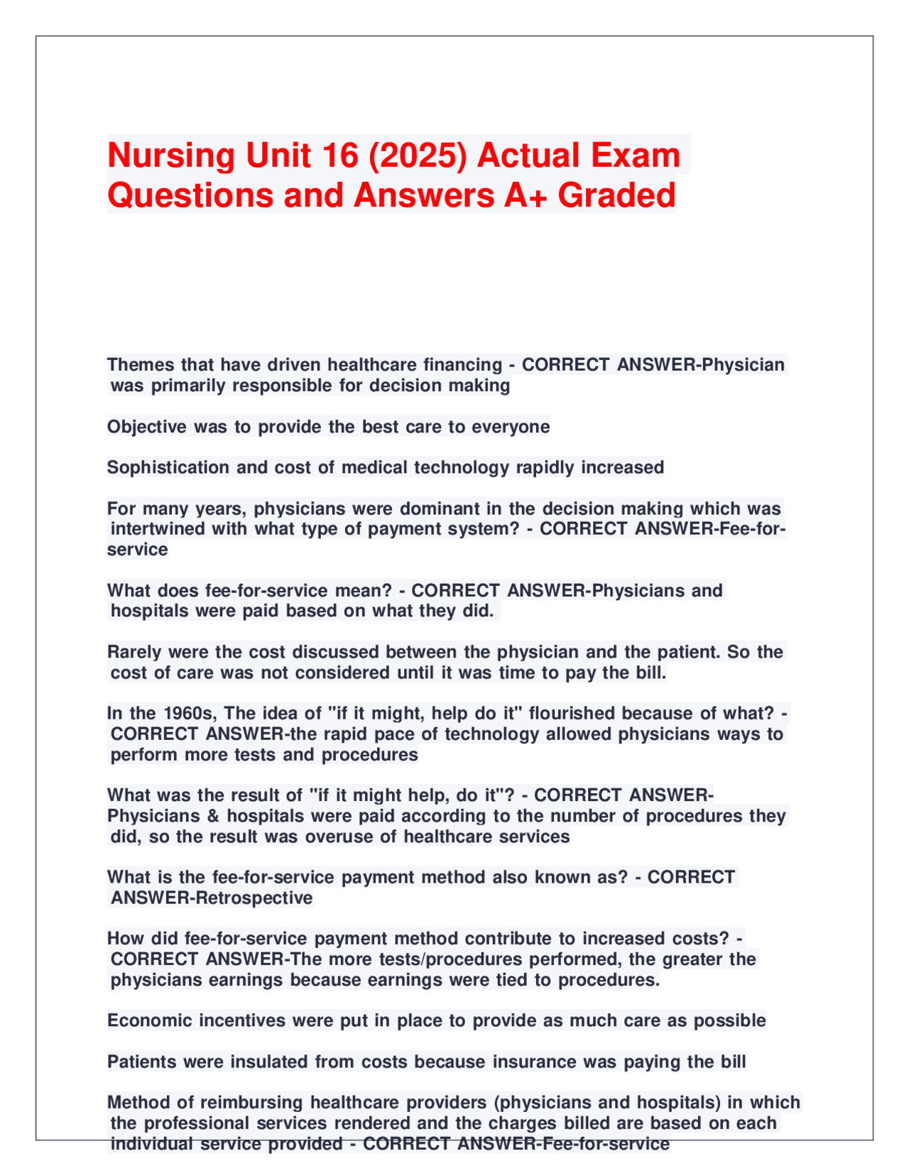 Nursing Unit 16 (2025) Actual Exam Questions and Answe | Exams Nursing ...